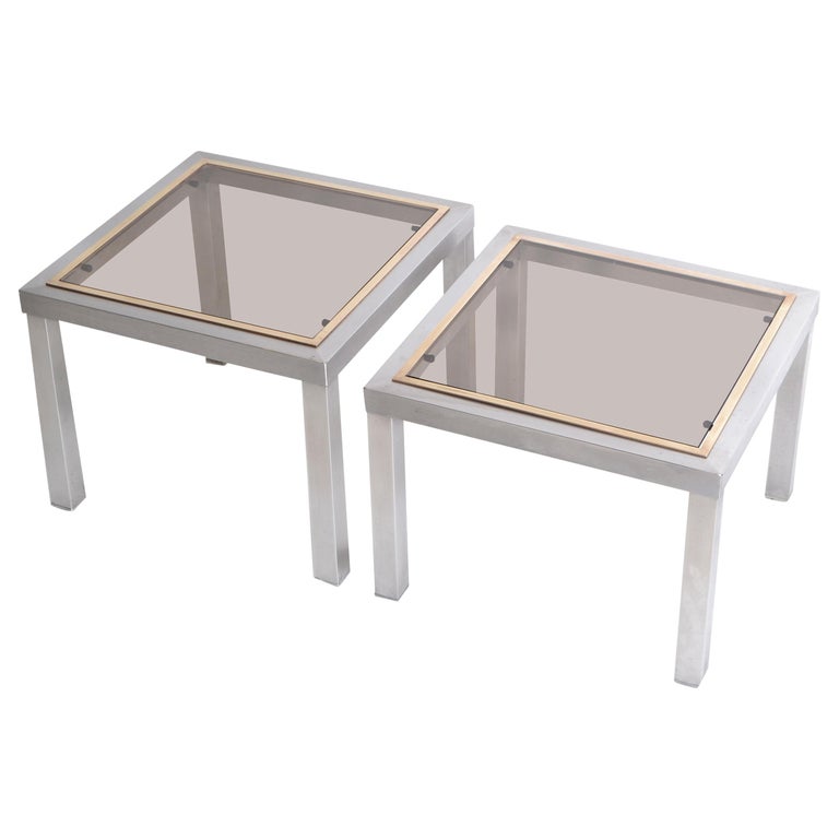 Willy Rizzo Style French Square Side Table Chrome, Brass & Smoked Glass Top, 2 For Sale