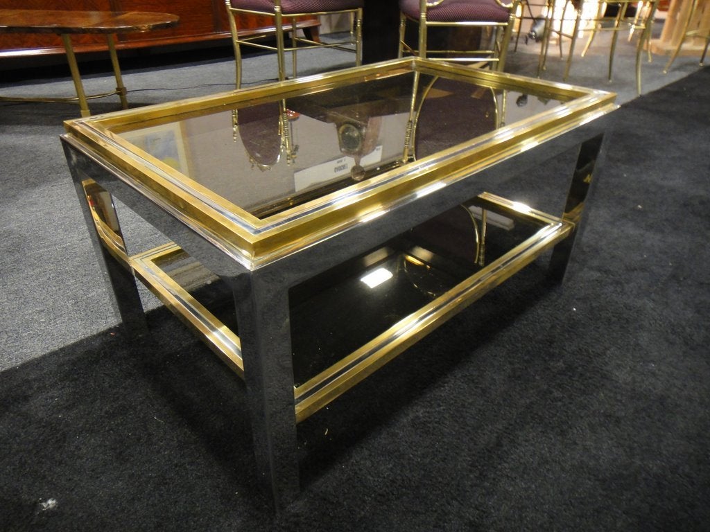 2 levels coffee table, will fit any interior, chrome and brass. In the style of Willy Rizzo.