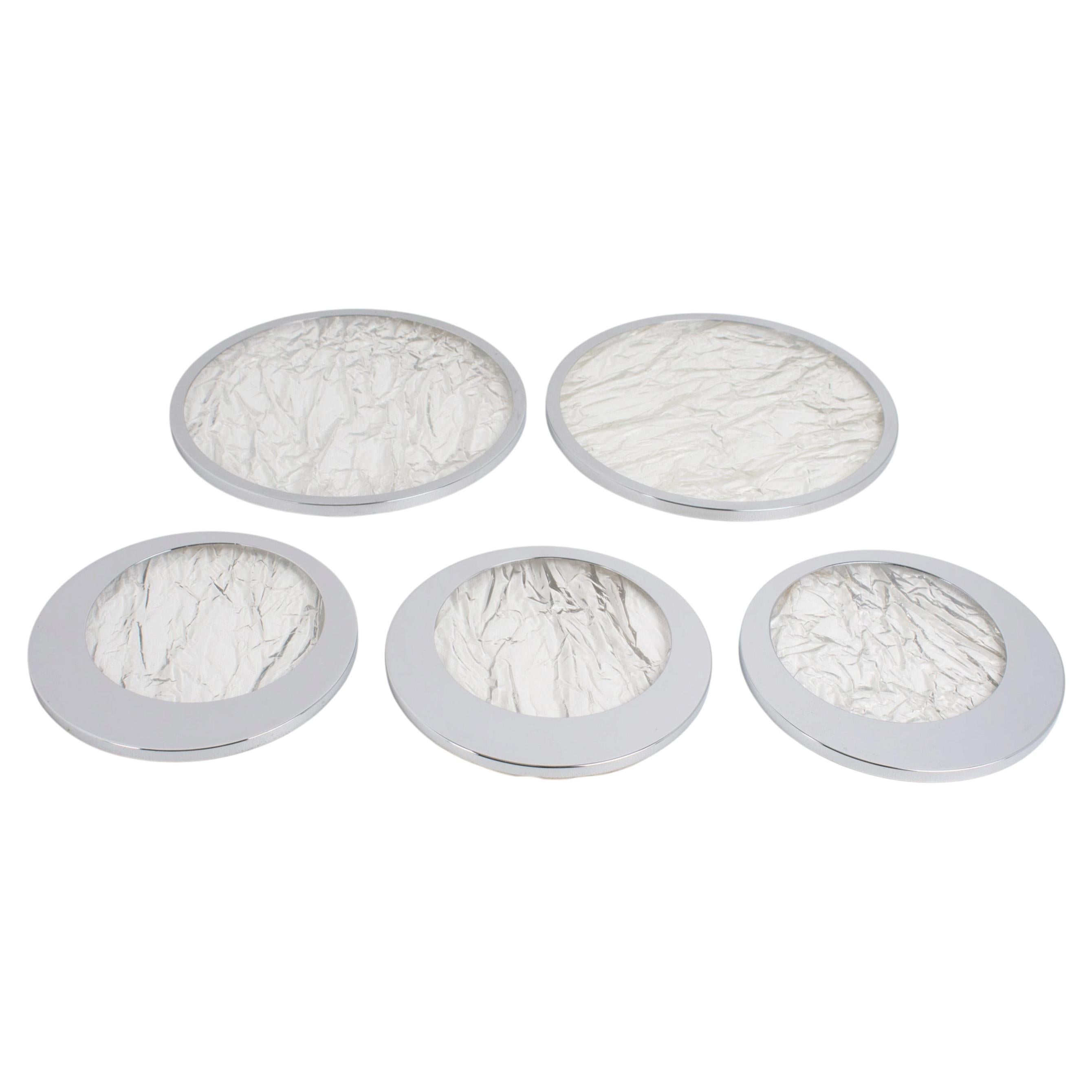 Willy Rizzo Style Ice Effect Lucite and Chrome Barware Coasters set of 5 pieces