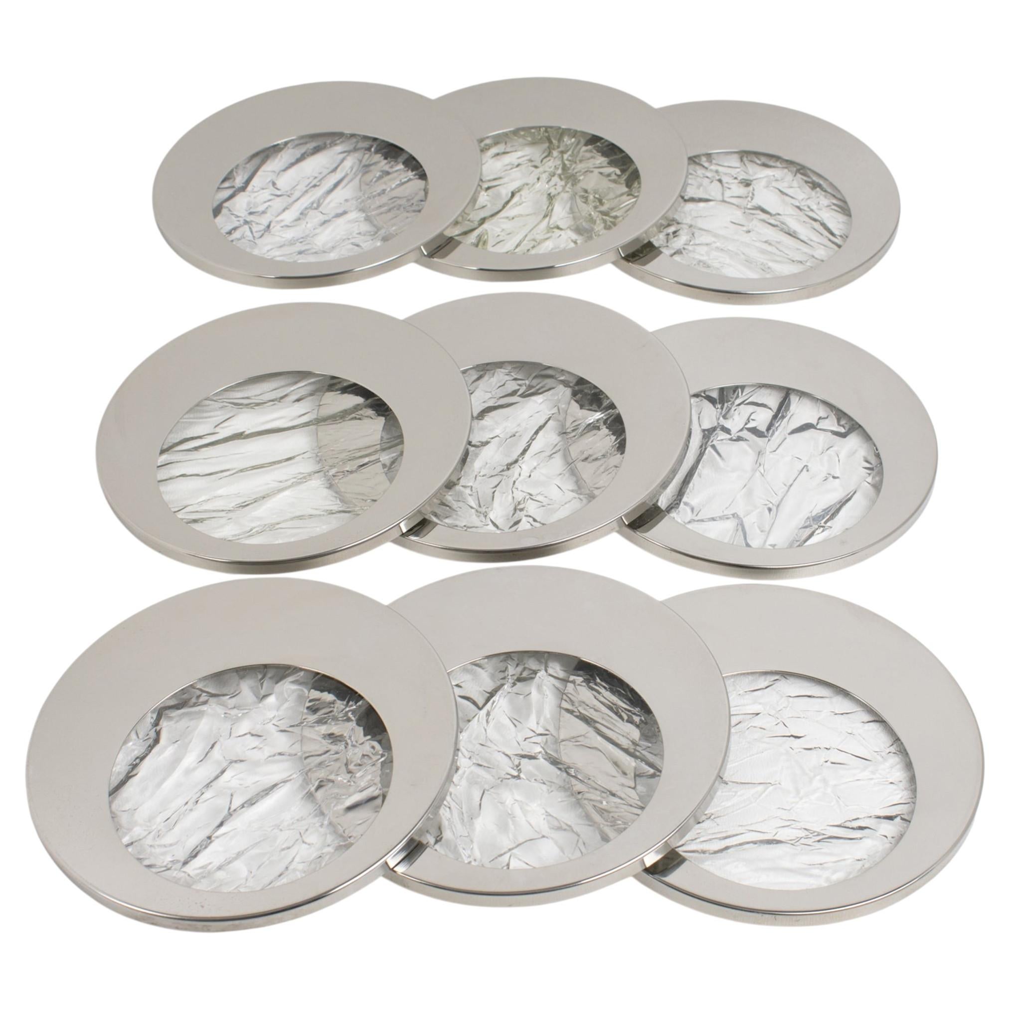 Willy Rizzo Style Ice Effect Lucite and Chrome Coasters, 9 pieces, circa 1970