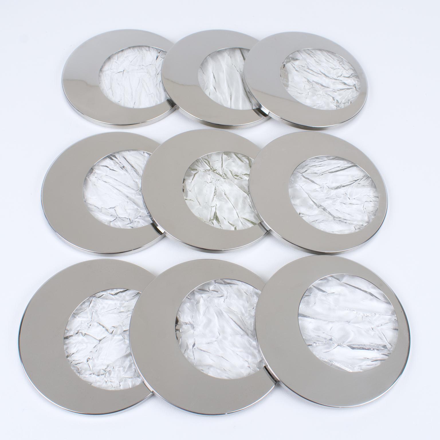 Sottobicchieri in lucite e cromo in stile Willy Rizzo effetto ghiaccio, 9 pezzi in vendita 5