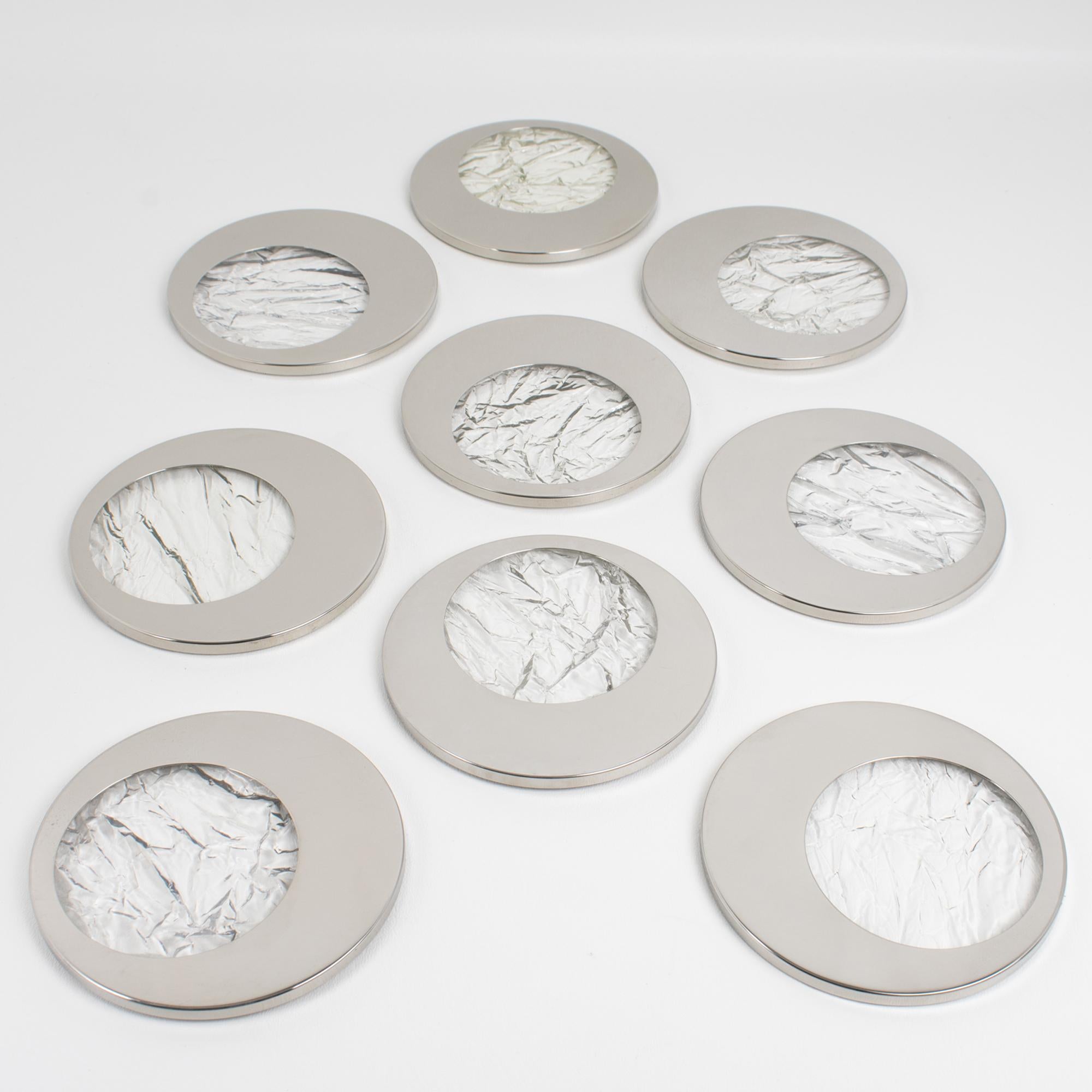 Italiano Sottobicchieri in lucite e cromo in stile Willy Rizzo effetto ghiaccio, 9 pezzi in vendita