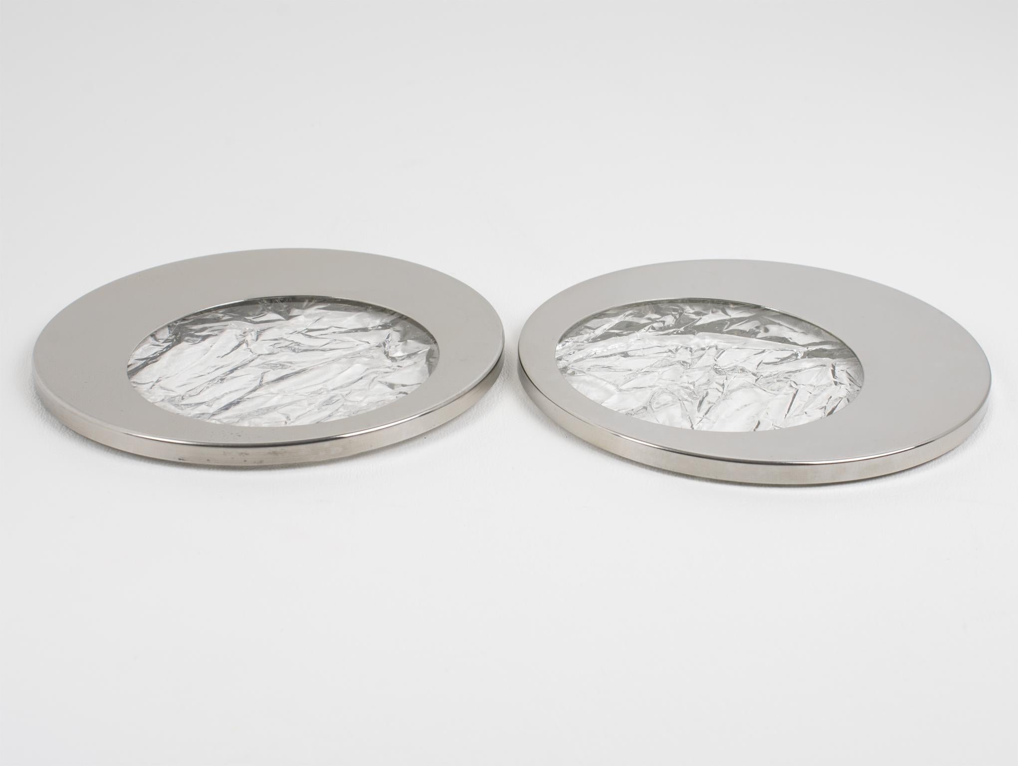 Metallo Sottobicchieri in lucite e cromo in stile Willy Rizzo effetto ghiaccio, 9 pezzi in vendita