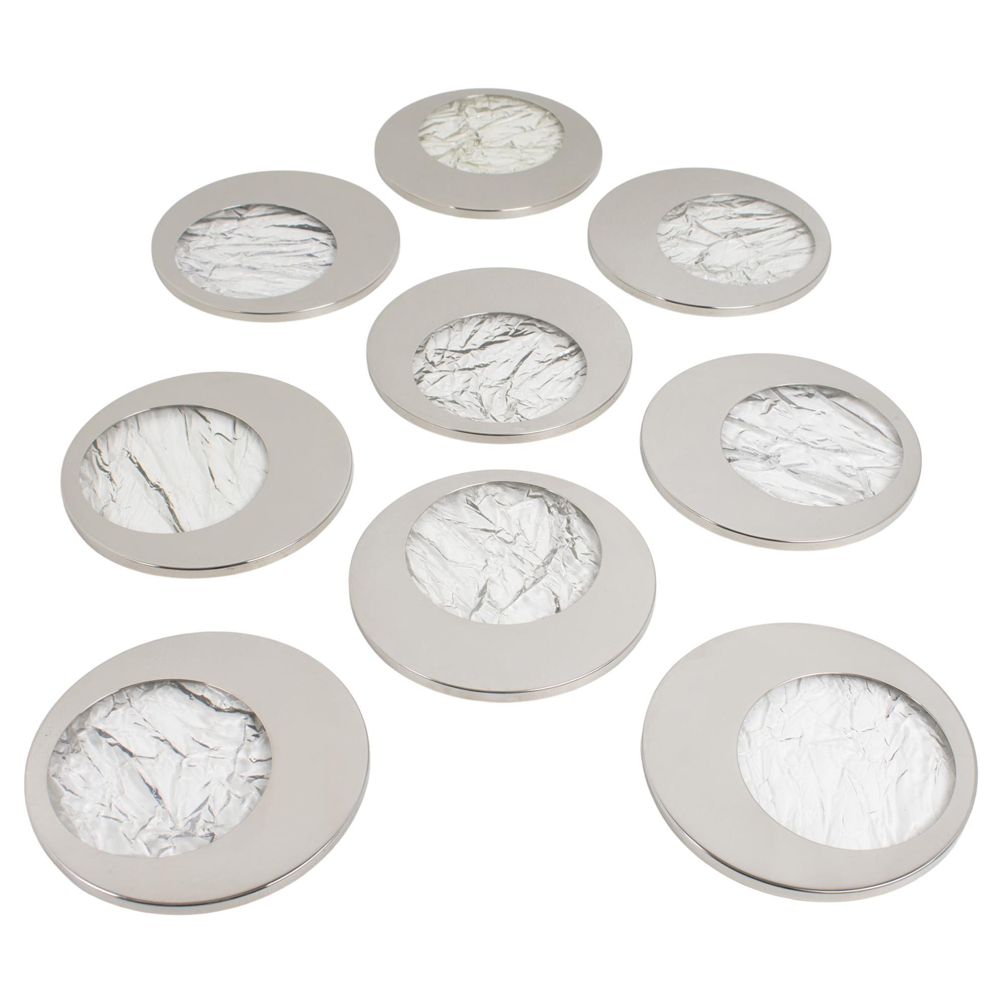 Sottobicchieri in lucite e cromo in stile Willy Rizzo effetto ghiaccio, 9 pezzi in vendita