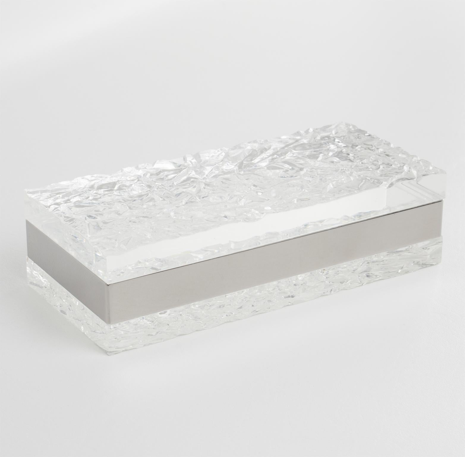 Mid-Century Modern Willy Rizzo Style Ice Effect Lucite and Chrome Decorative Box, 1970s For Sale