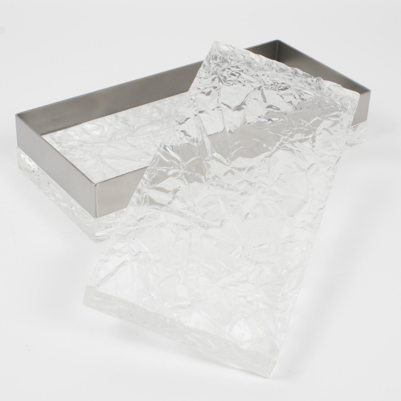 Italian Willy Rizzo Style Ice Effect Lucite and Chrome Decorative Box, 1970s For Sale