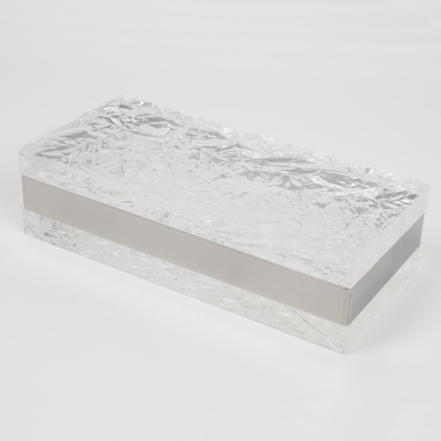 Late 20th Century Willy Rizzo Style Ice Effect Lucite and Chrome Decorative Box, 1970s For Sale