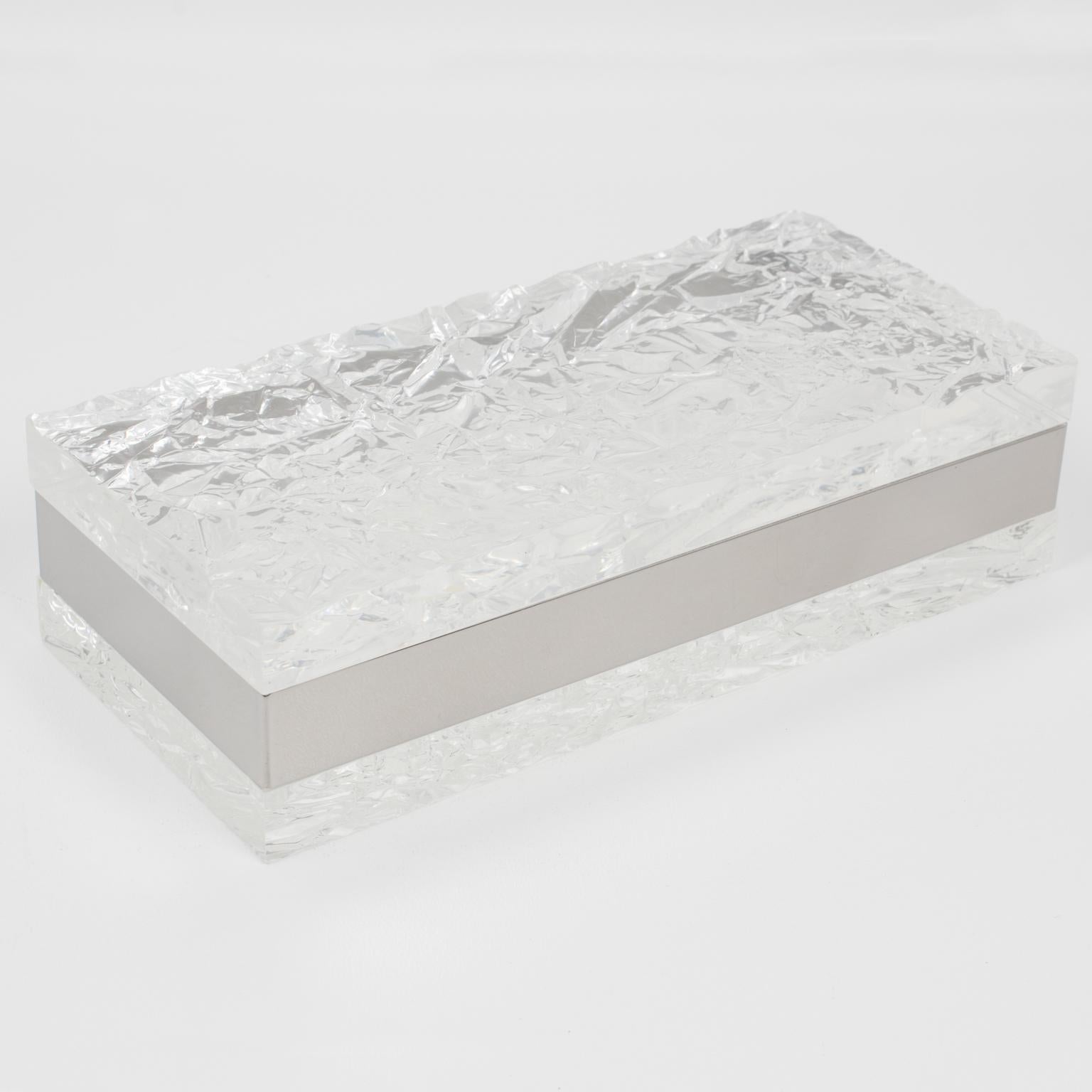 Metal Willy Rizzo Style Ice Effect Lucite and Chrome Decorative Box, 1970s For Sale