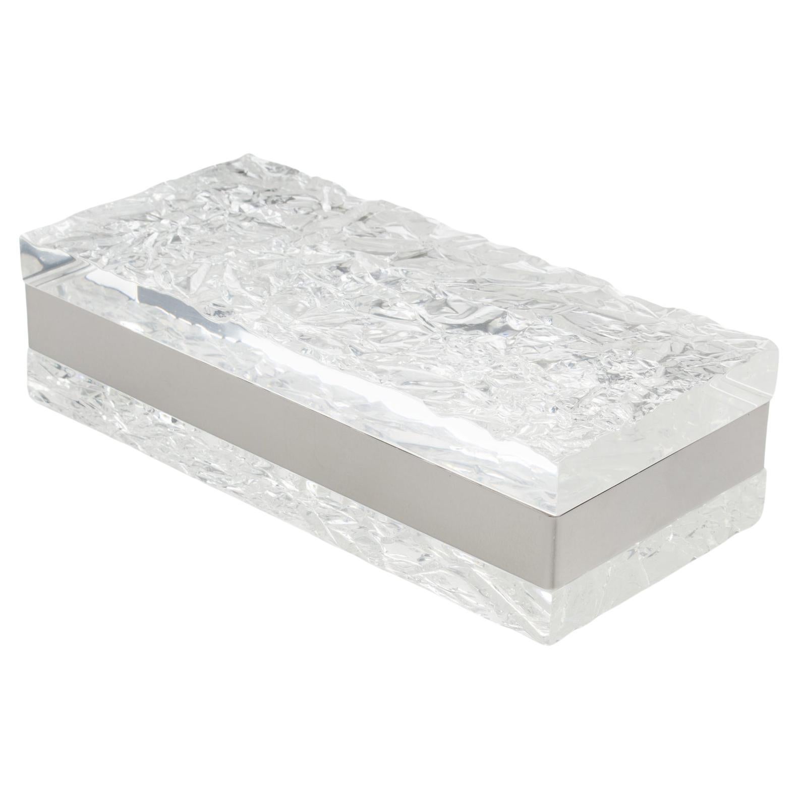 Willy Rizzo Style Ice Effect Lucite and Chrome Decorative Box, 1970s