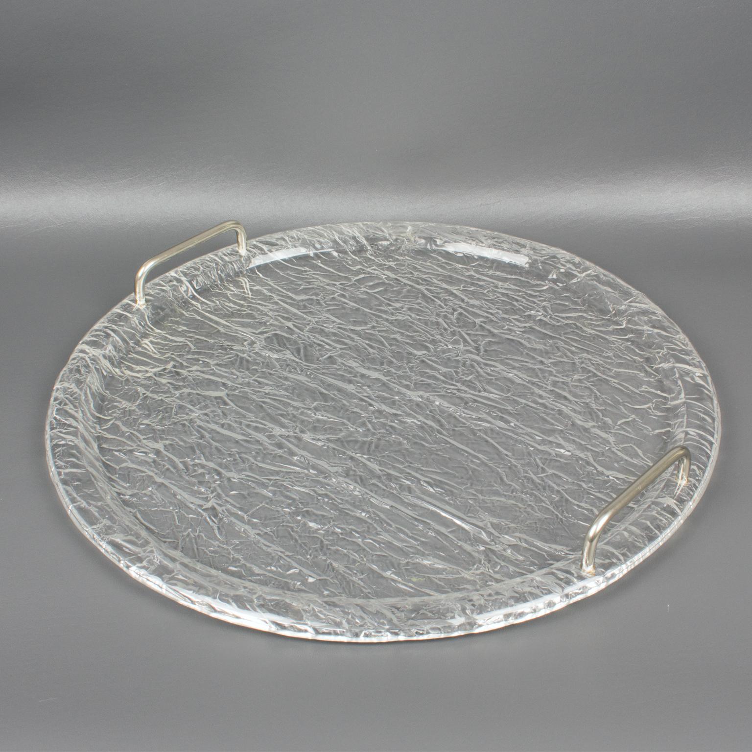 Willy Rizzo Style Ice Effect Round Lucite Barware Tray In Excellent Condition In Atlanta, GA