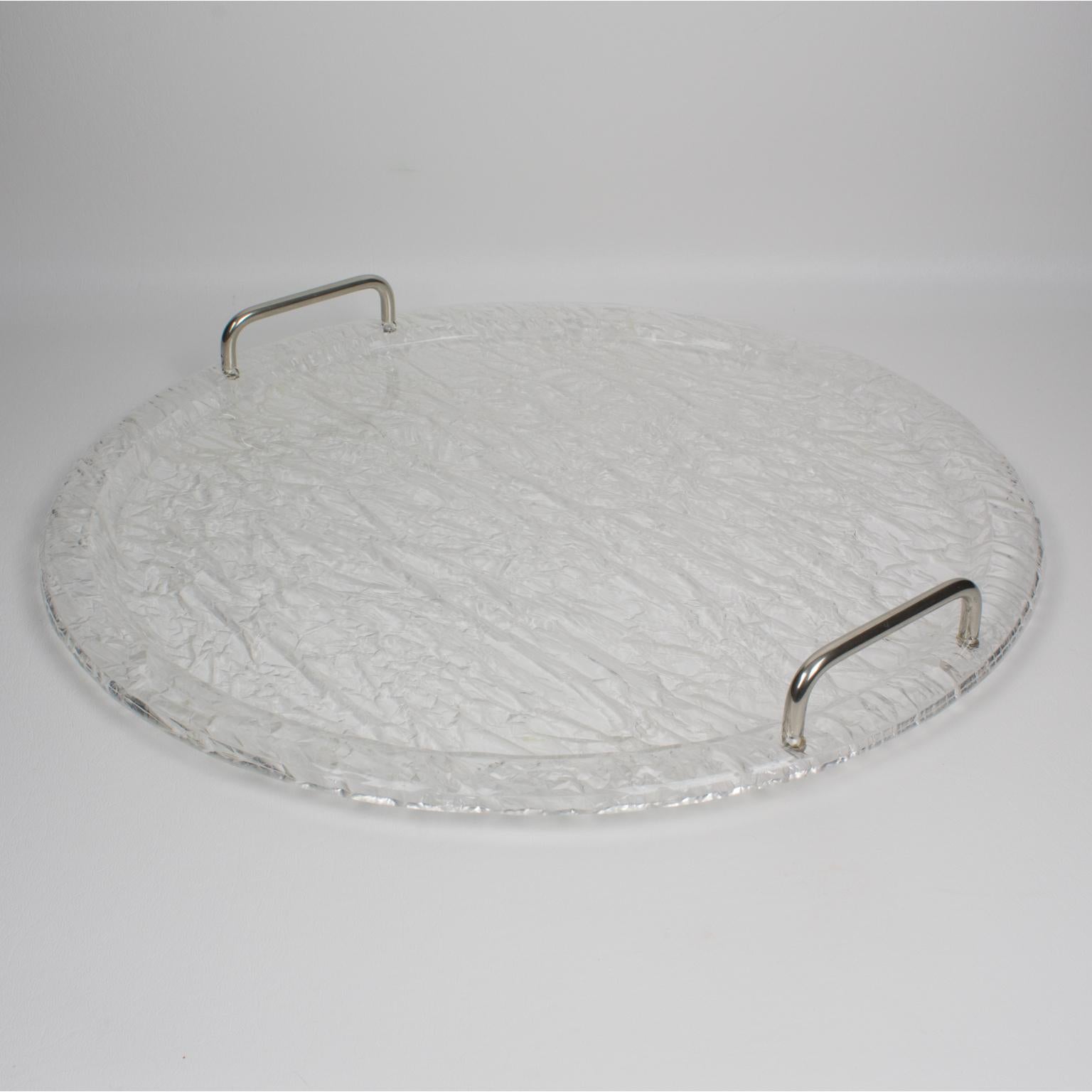 Late 20th Century Willy Rizzo Style Ice Effect Round Lucite Barware Tray