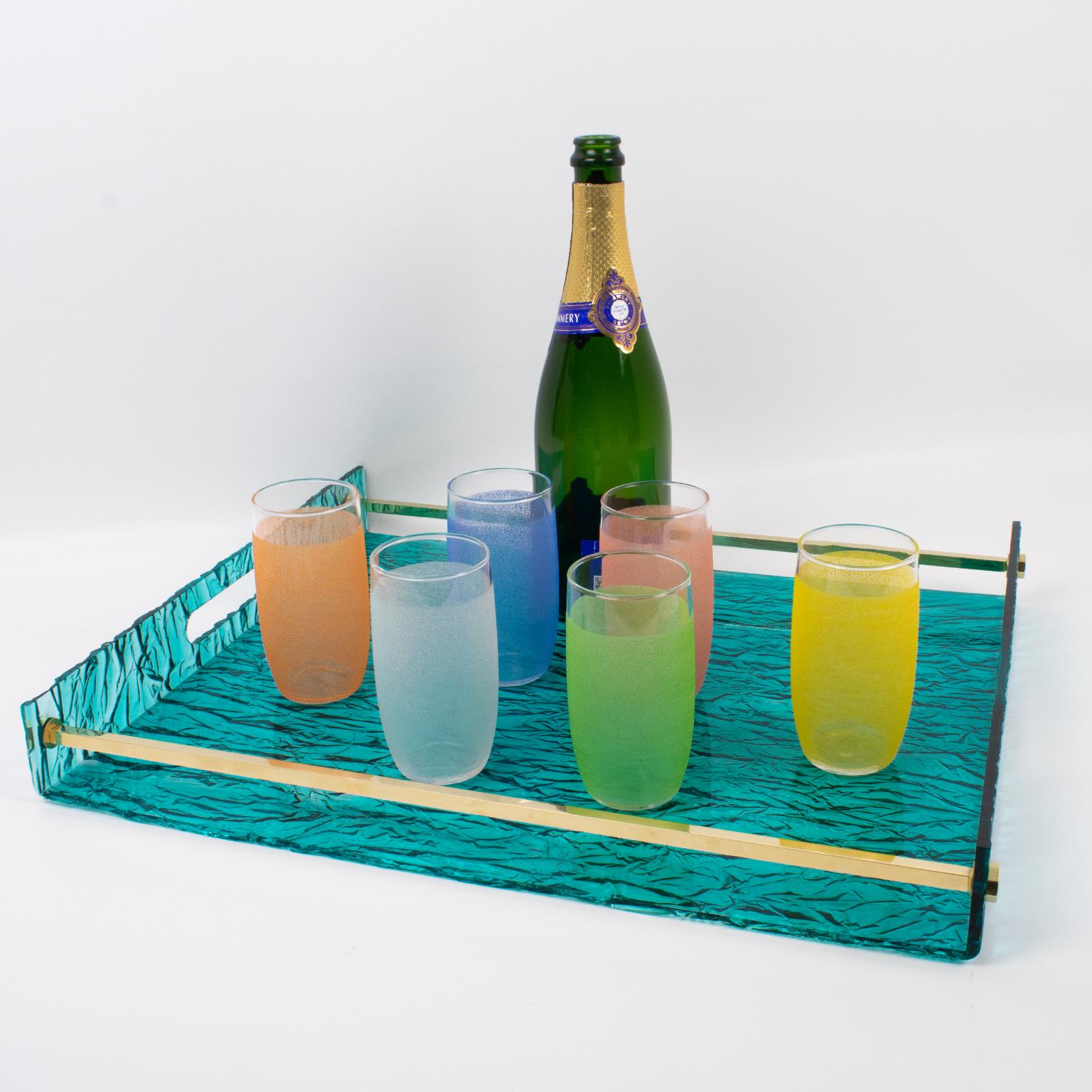 Mid-Century Modern Willy Rizzo Style Ice Effect Turquoise Lucite and Brass Barware Serving Tray