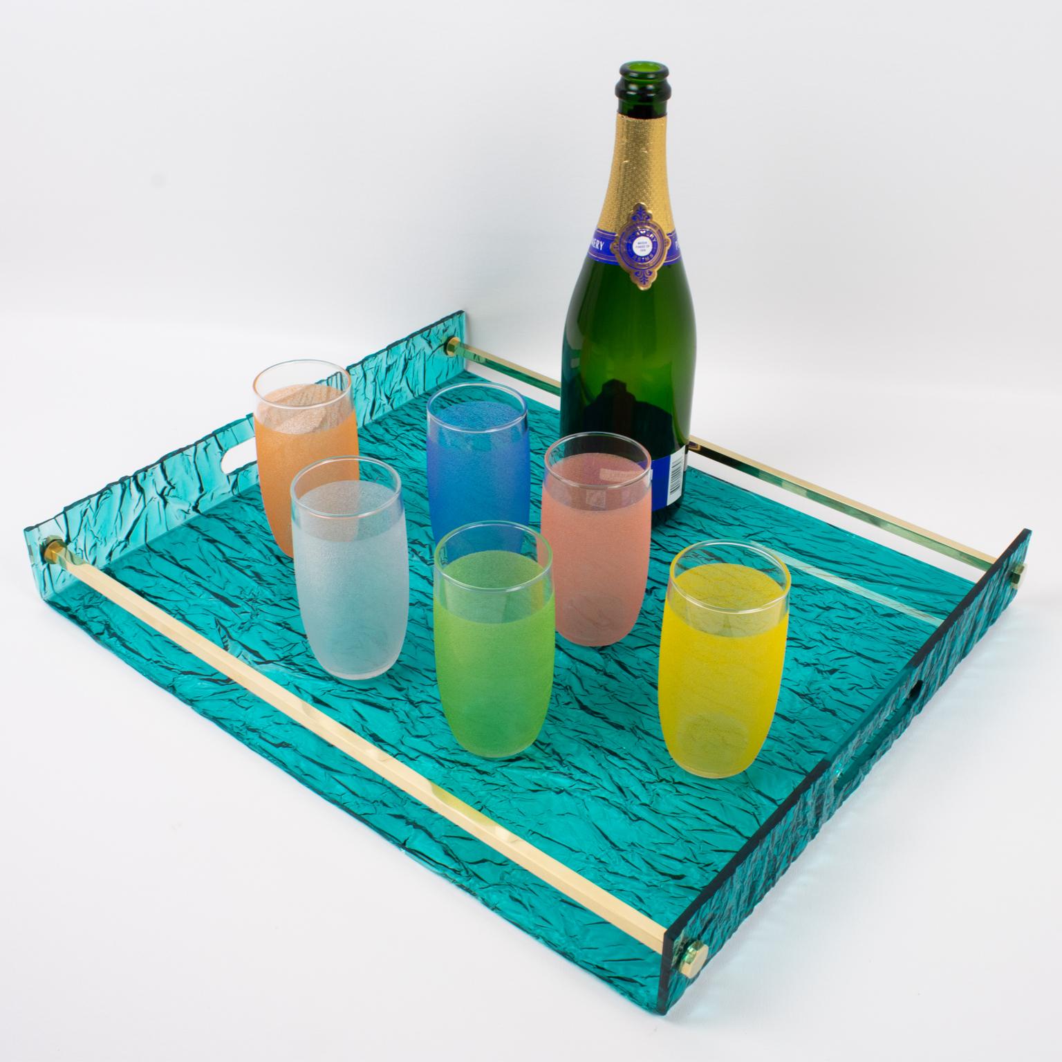Italian Willy Rizzo Style Ice Effect Turquoise Lucite and Brass Barware Serving Tray