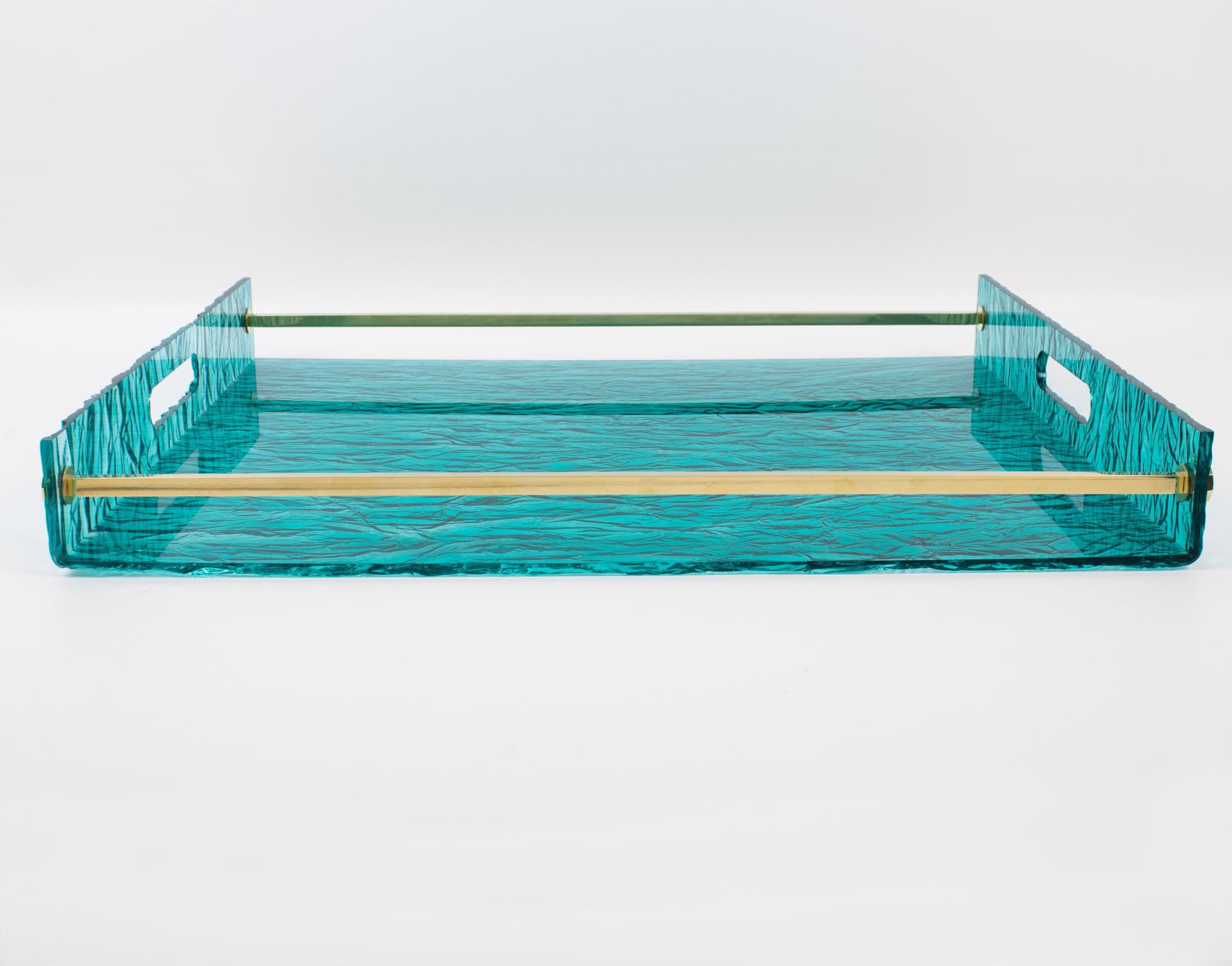 Willy Rizzo Style Ice Effect Turquoise Lucite and Brass Barware Serving Tray In Excellent Condition In Atlanta, GA