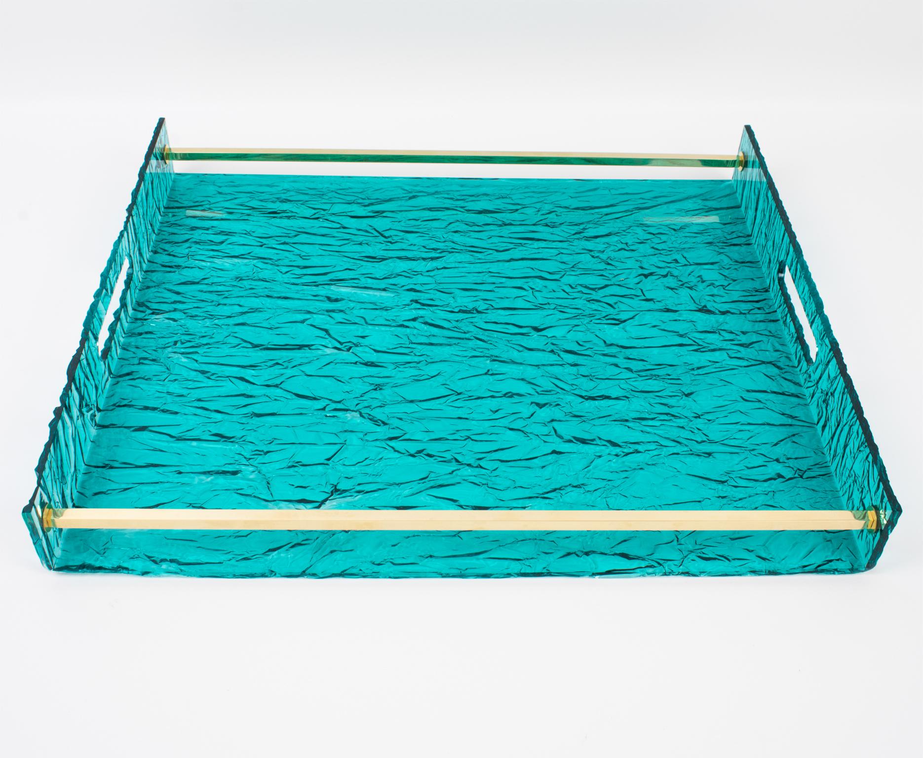 Late 20th Century Willy Rizzo Style Ice Effect Turquoise Lucite and Brass Barware Serving Tray