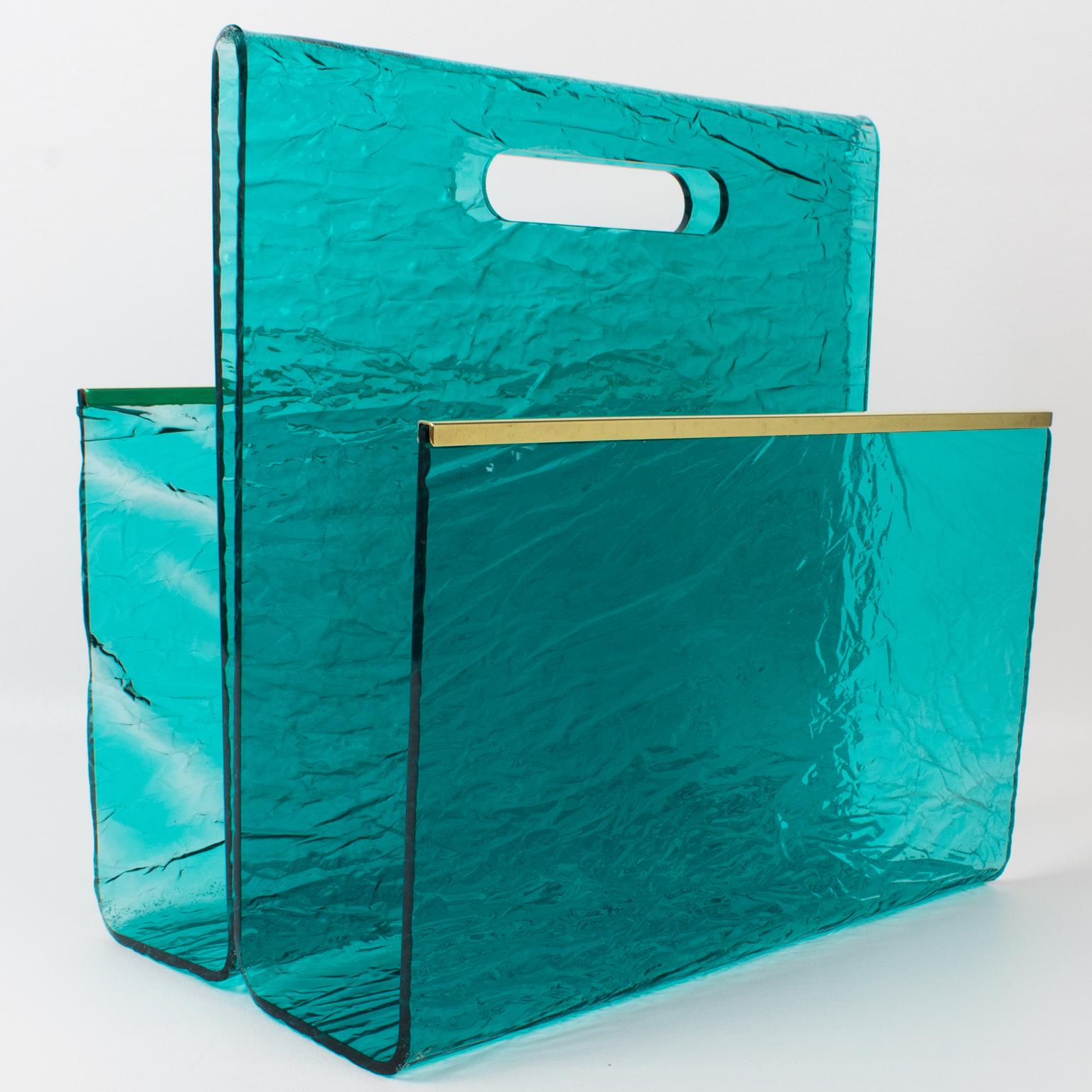 Willy Rizzo Style Ice Effect Turquoise Lucite and Brass Magazine Rack, 1970s 3