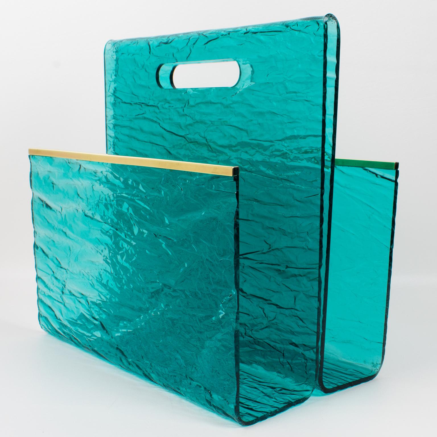 Willy Rizzo Style Ice Effect Turquoise Lucite and Brass Magazine Rack, 1970s 4