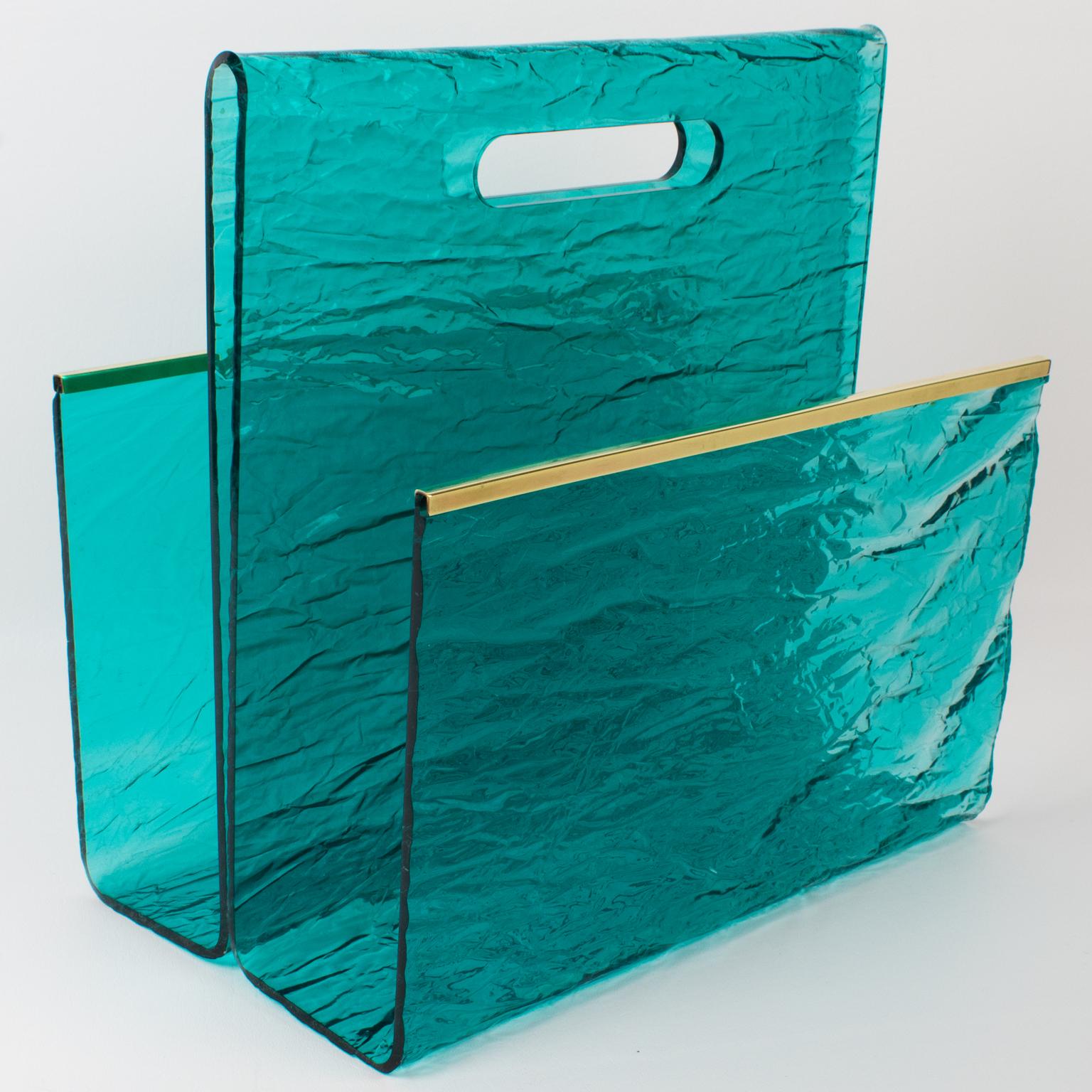 Willy Rizzo Style Ice Effect Turquoise Lucite and Brass Magazine Rack, 1970s 5