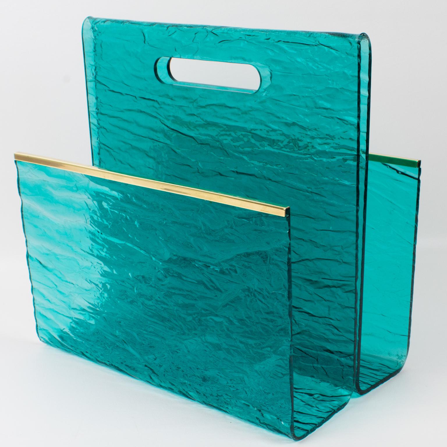 Willy Rizzo Style Ice Effect Turquoise Lucite and Brass Magazine Rack, 1970s 6