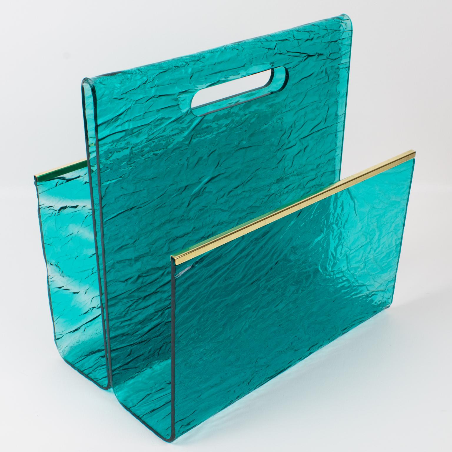 Mid-Century Modern Willy Rizzo Style Ice Effect Turquoise Lucite and Brass Magazine Rack, 1970s