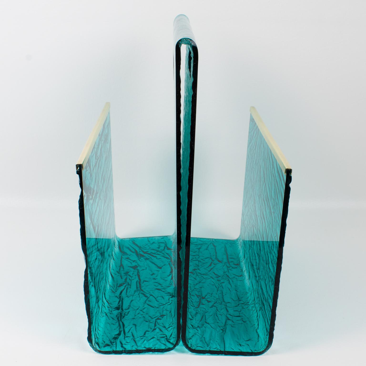 Italian Willy Rizzo Style Ice Effect Turquoise Lucite and Brass Magazine Rack, 1970s
