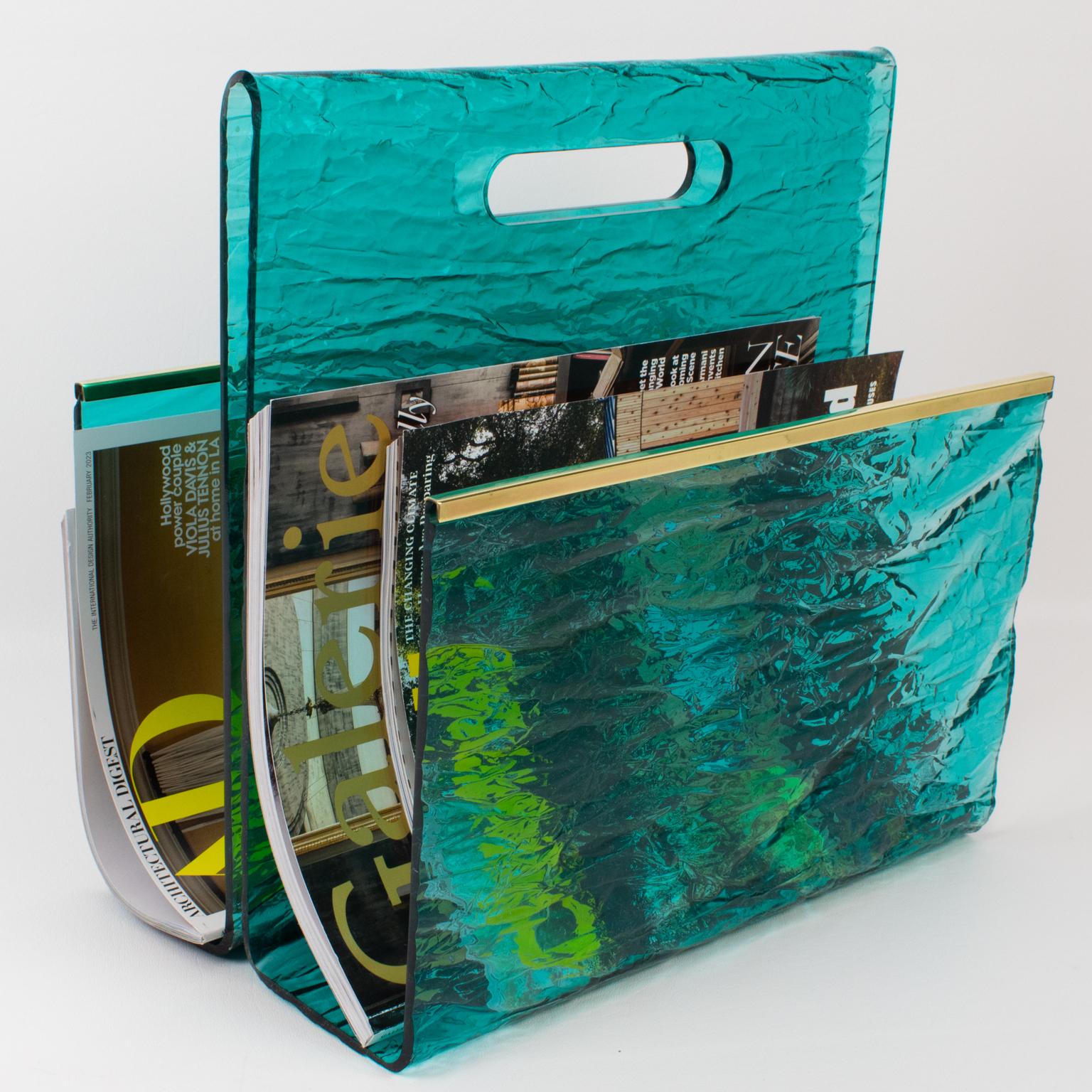 Willy Rizzo Style Ice Effect Turquoise Lucite and Brass Magazine Rack, 1970s In Excellent Condition In Atlanta, GA