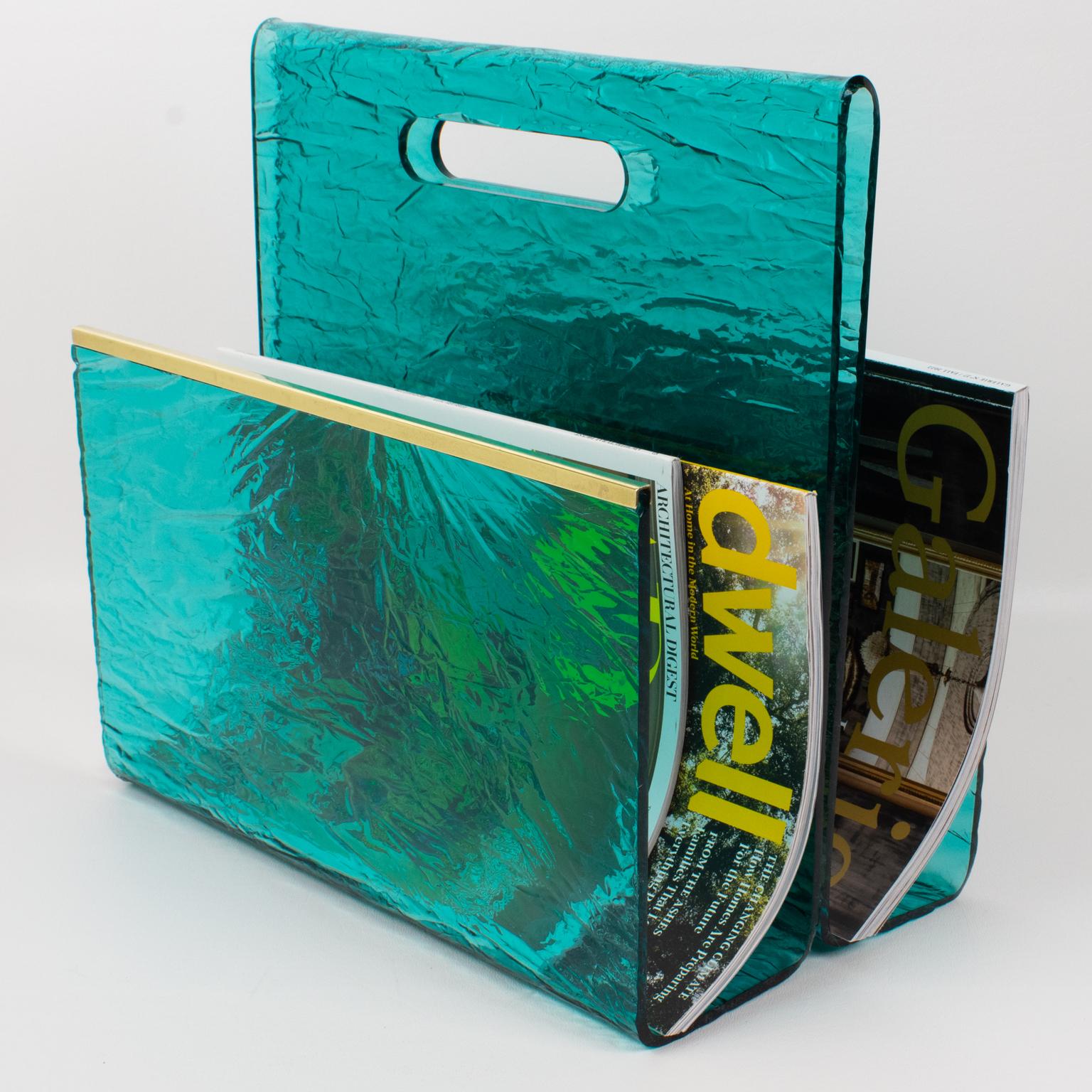 Late 20th Century Willy Rizzo Style Ice Effect Turquoise Lucite and Brass Magazine Rack, 1970s