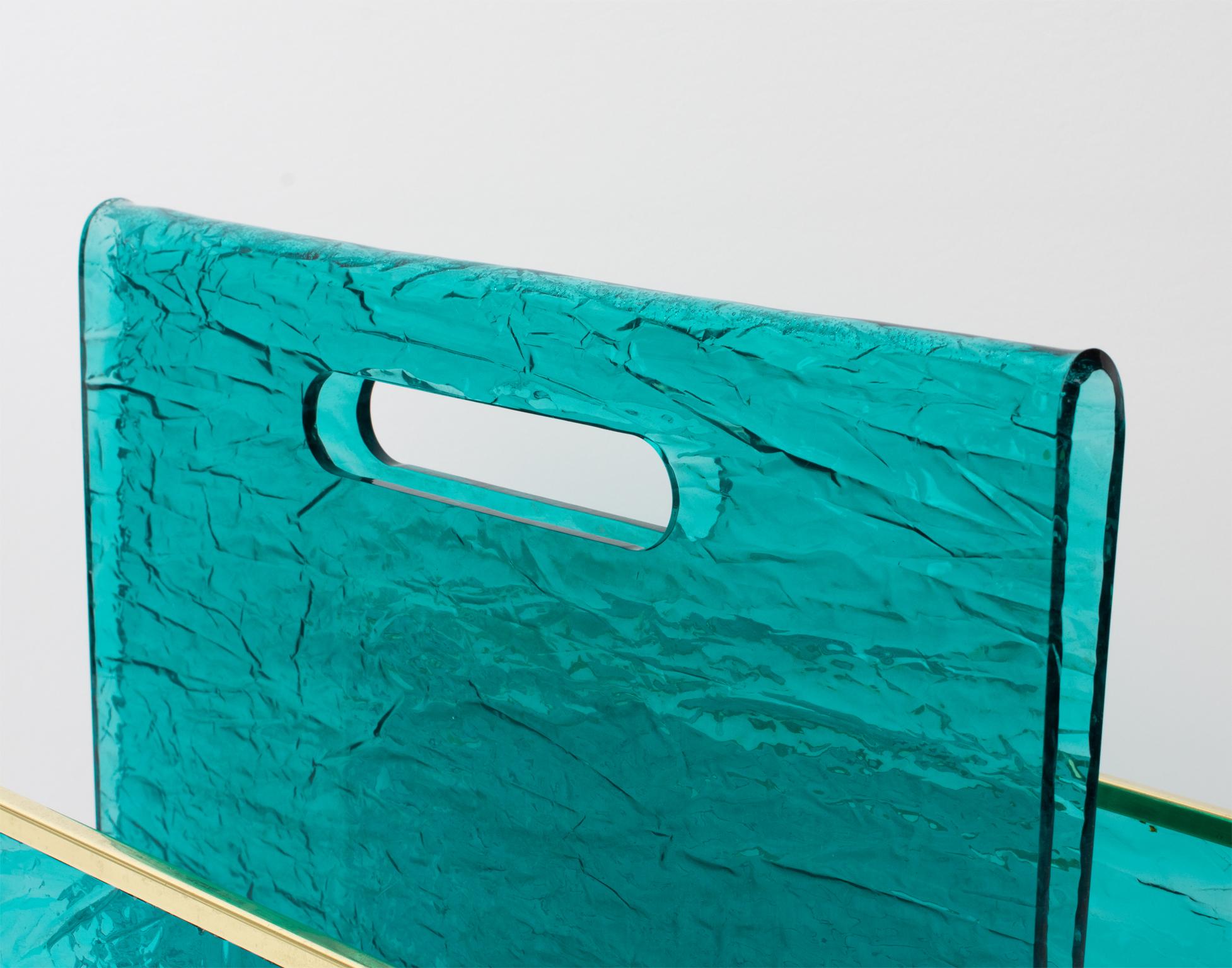 Metal Willy Rizzo Style Ice Effect Turquoise Lucite and Brass Magazine Rack, 1970s