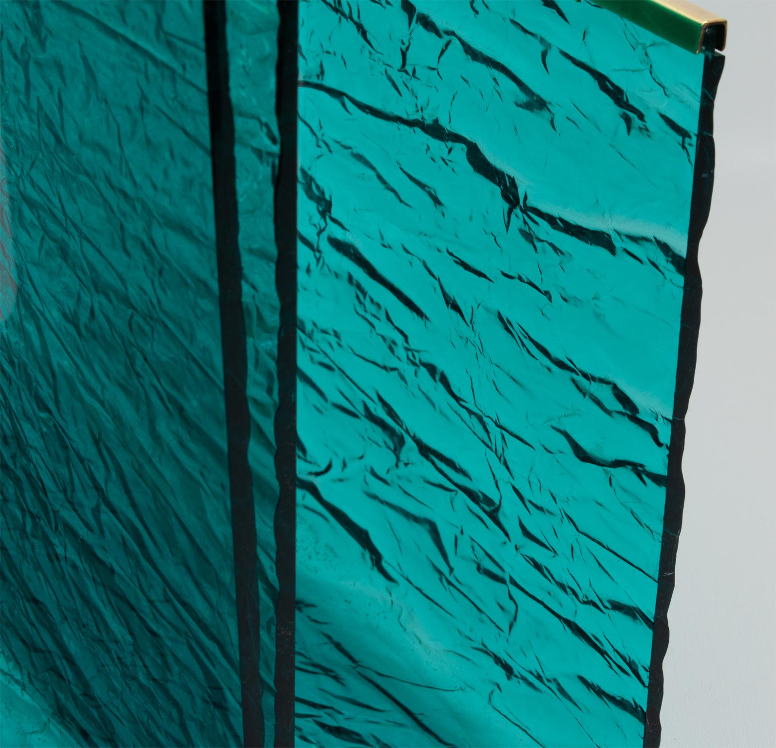 Willy Rizzo Style Ice Effect Turquoise Lucite and Brass Magazine Rack, 1970s 1