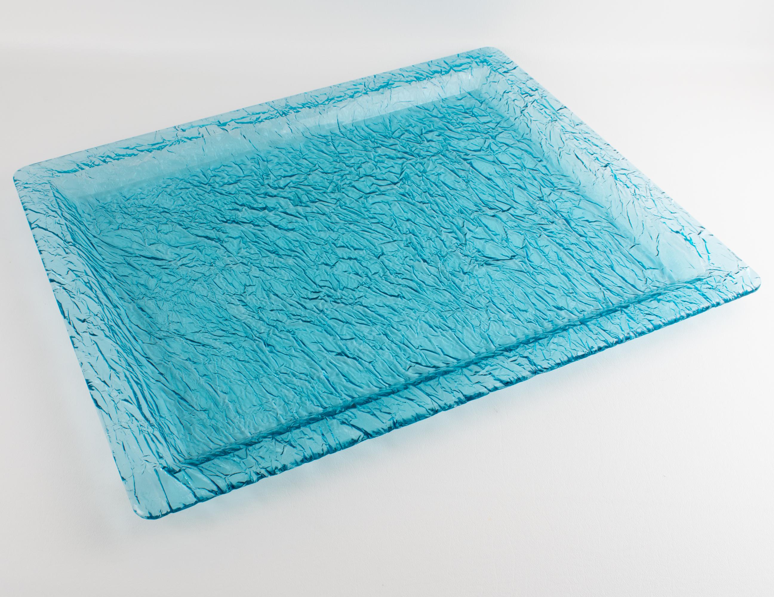 Late 20th Century Willy Rizzo Style Ice Effect Turquoise Lucite Barware Serving Tray For Sale