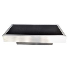 Willy Rizzo Style Italian Brushed Steel & Black Mirror Glass Coffee Table 1970