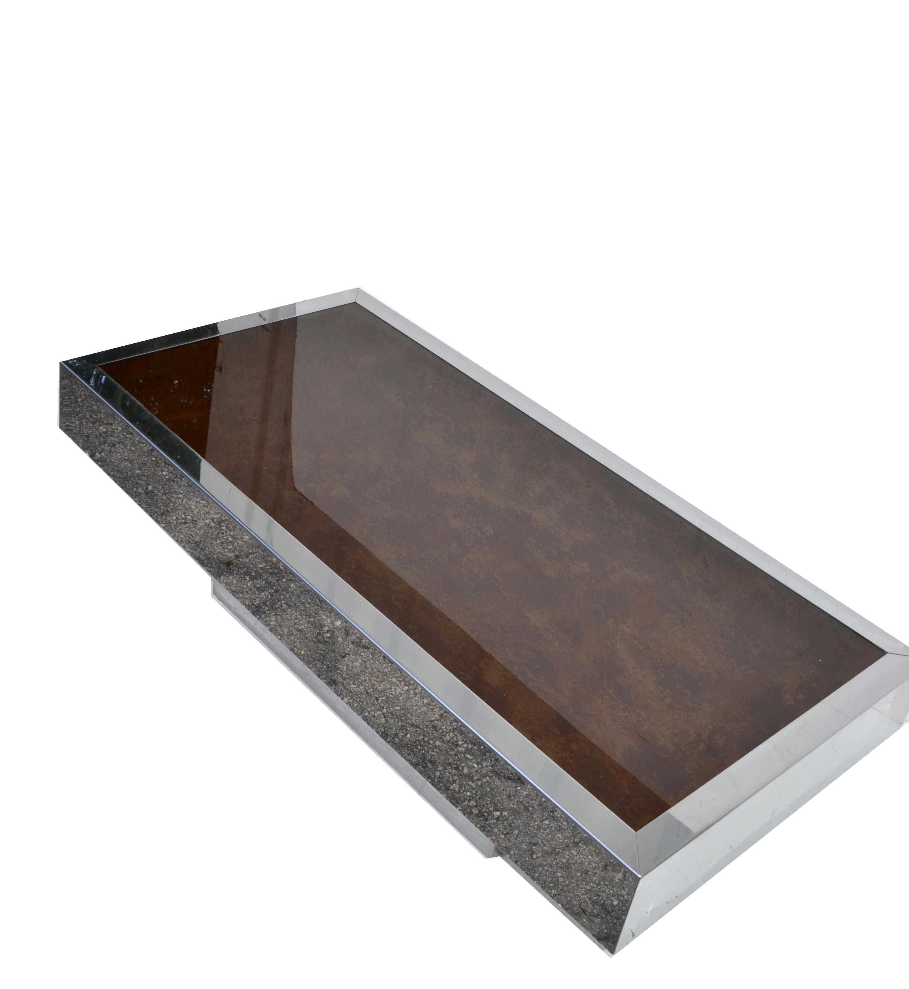 Willy Rizzo Style Italian Chrome & Brown Glass Coffee Table 1970, For Sale 2