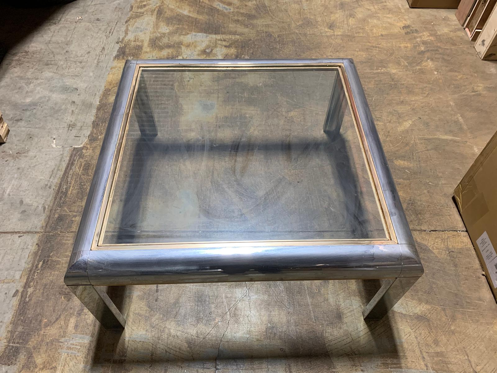 Mid-20th Century Willy Rizzo Style Italian Chrome and Gold-Plated Square Brass Coffee Table For Sale