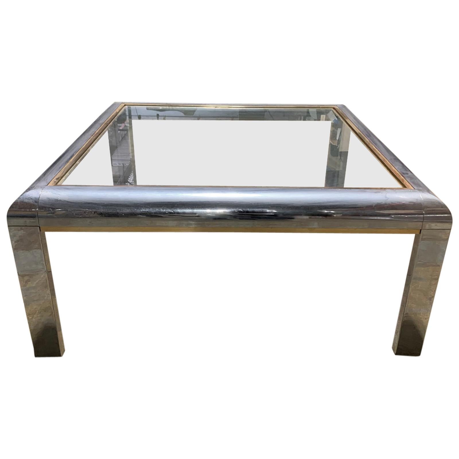 Willy Rizzo Style Italian Chrome and Gold-Plated Square Brass Coffee Table For Sale