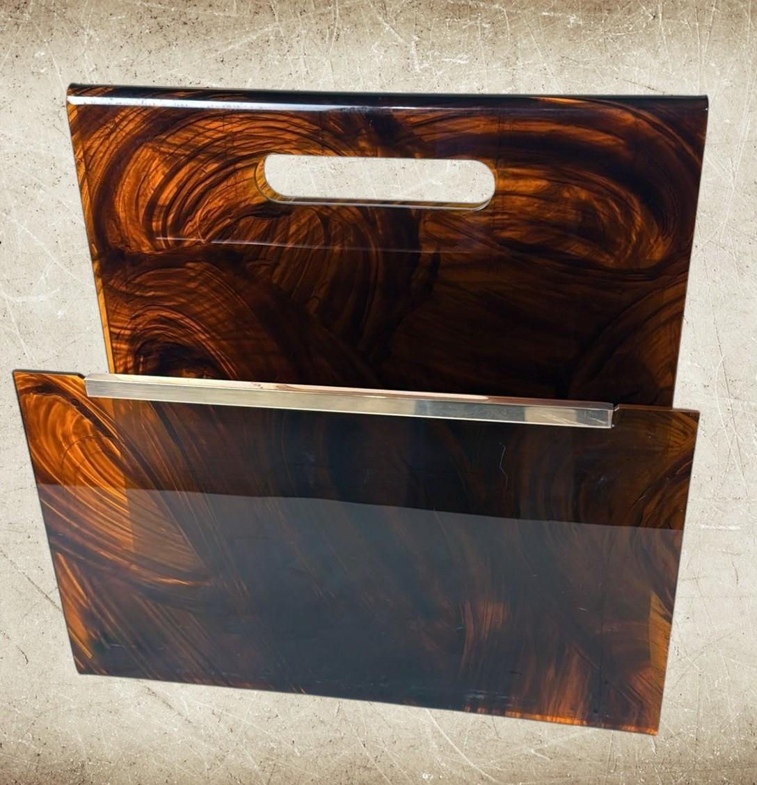Polished Willy Rizzo Style Italian Tortoiseshell Plexiglass And Brass Magazine Rack For Sale