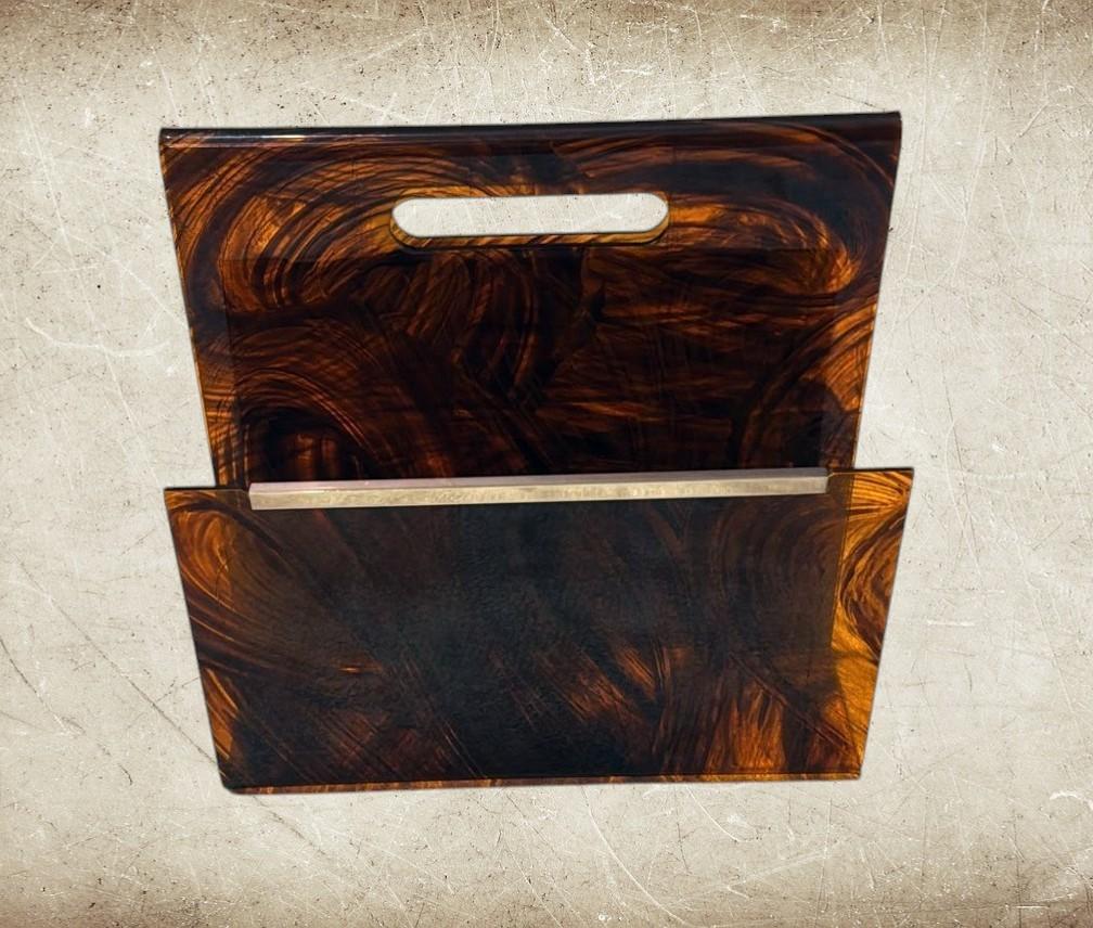Willy Rizzo Style Italian Tortoiseshell Plexiglass And Brass Magazine Rack For Sale 1
