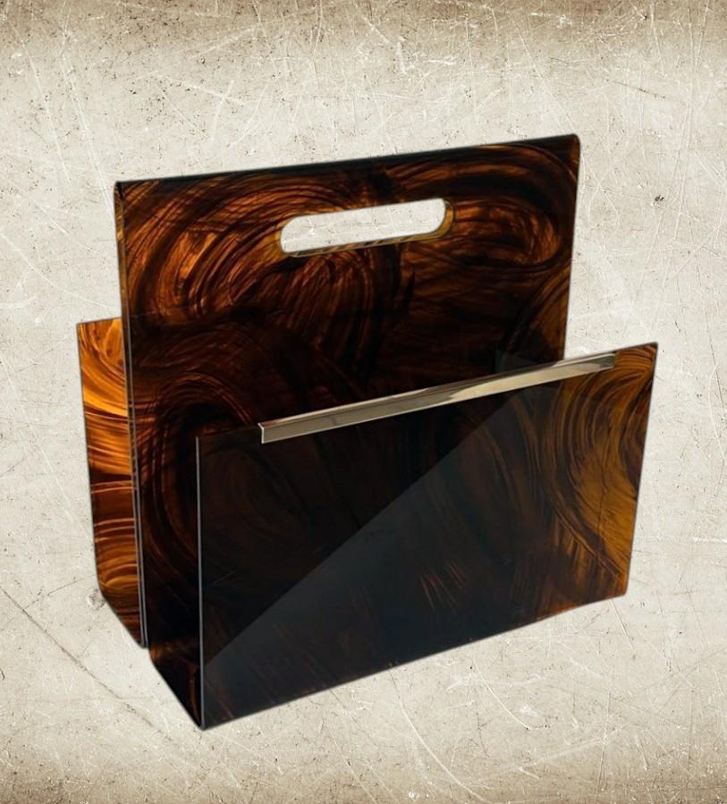 Willy Rizzo Style Italian Tortoiseshell Plexiglass And Brass Magazine Rack For Sale 2