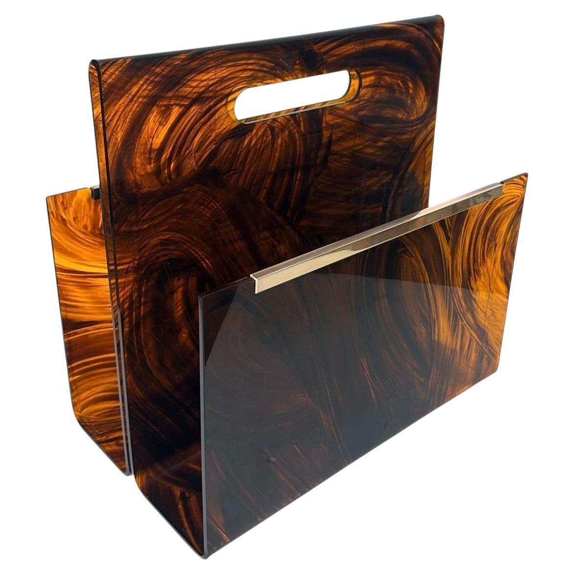 Willy Rizzo Style Italian Tortoiseshell Plexiglass And Brass Magazine Rack For Sale