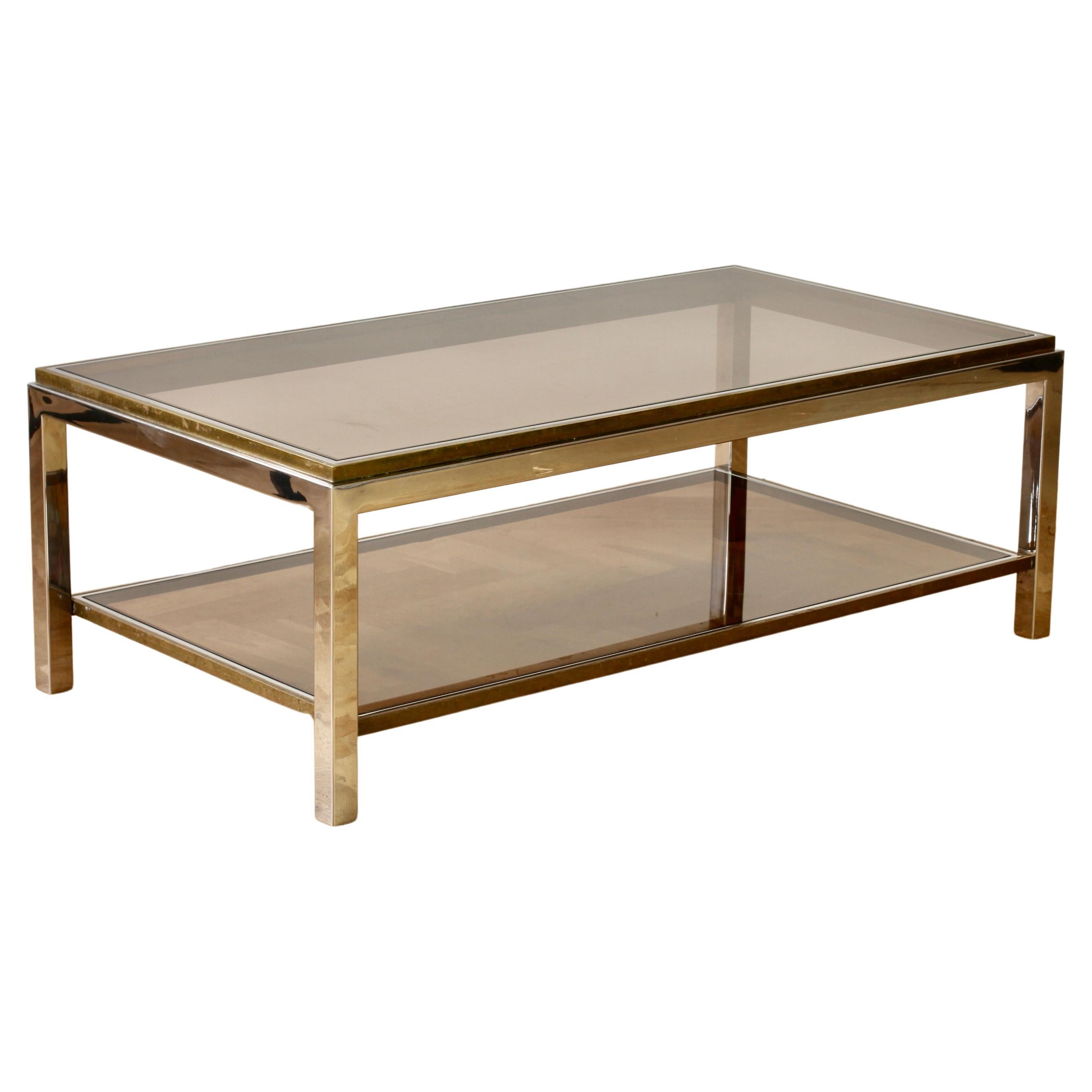 Willy Rizzo 'Flaminia' style two tiered double shelved patinated brass and chrome-plated vintage midcentury rectangular coffee or centre table, circa 1970s. Perfect for the Hollywood Regency style enthusiast or midcentury lover although, this table