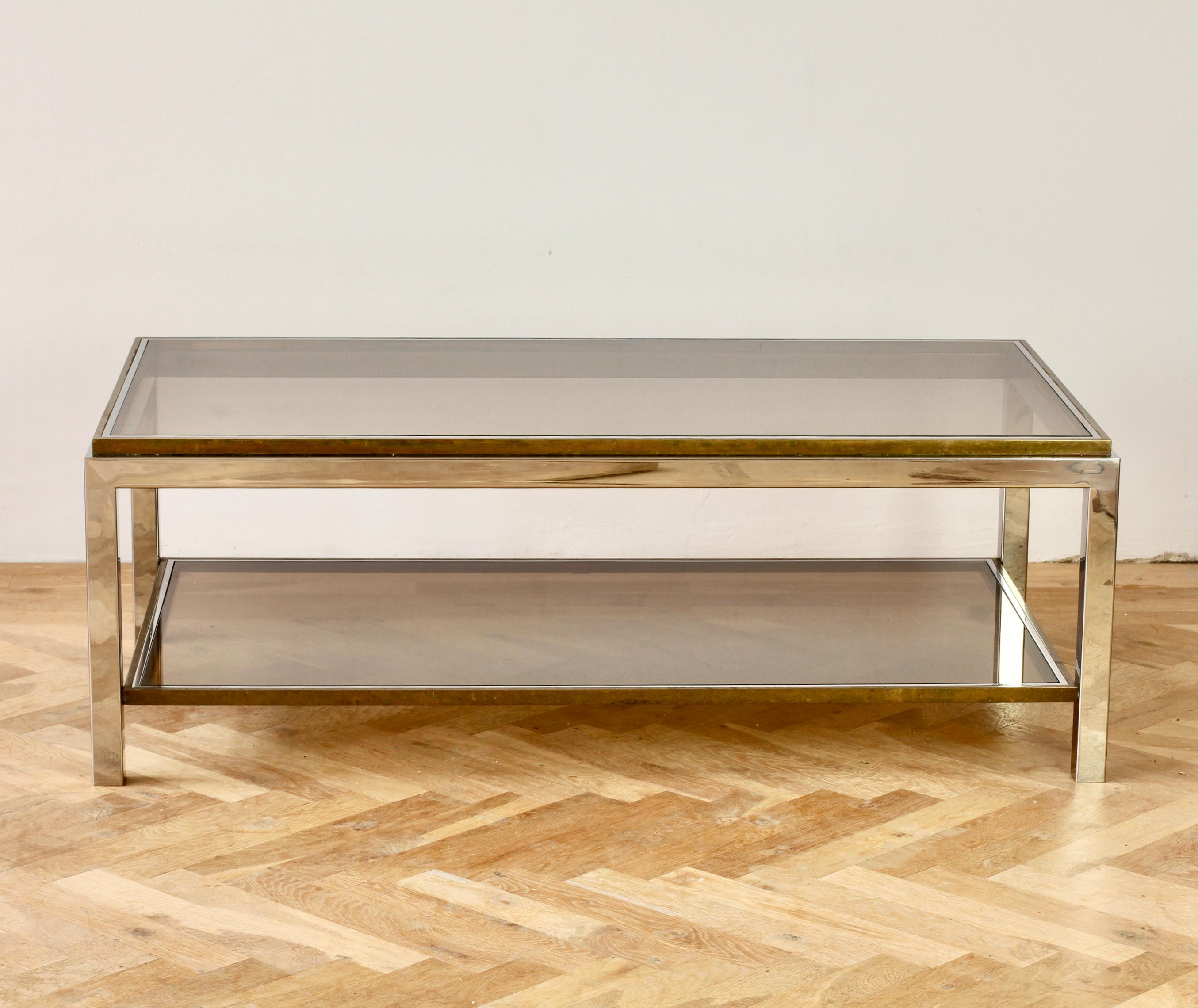 German Willy Rizzo Style Mid-Century Brass and Chrome Bicolor Coffee Table, circa 1970s For Sale