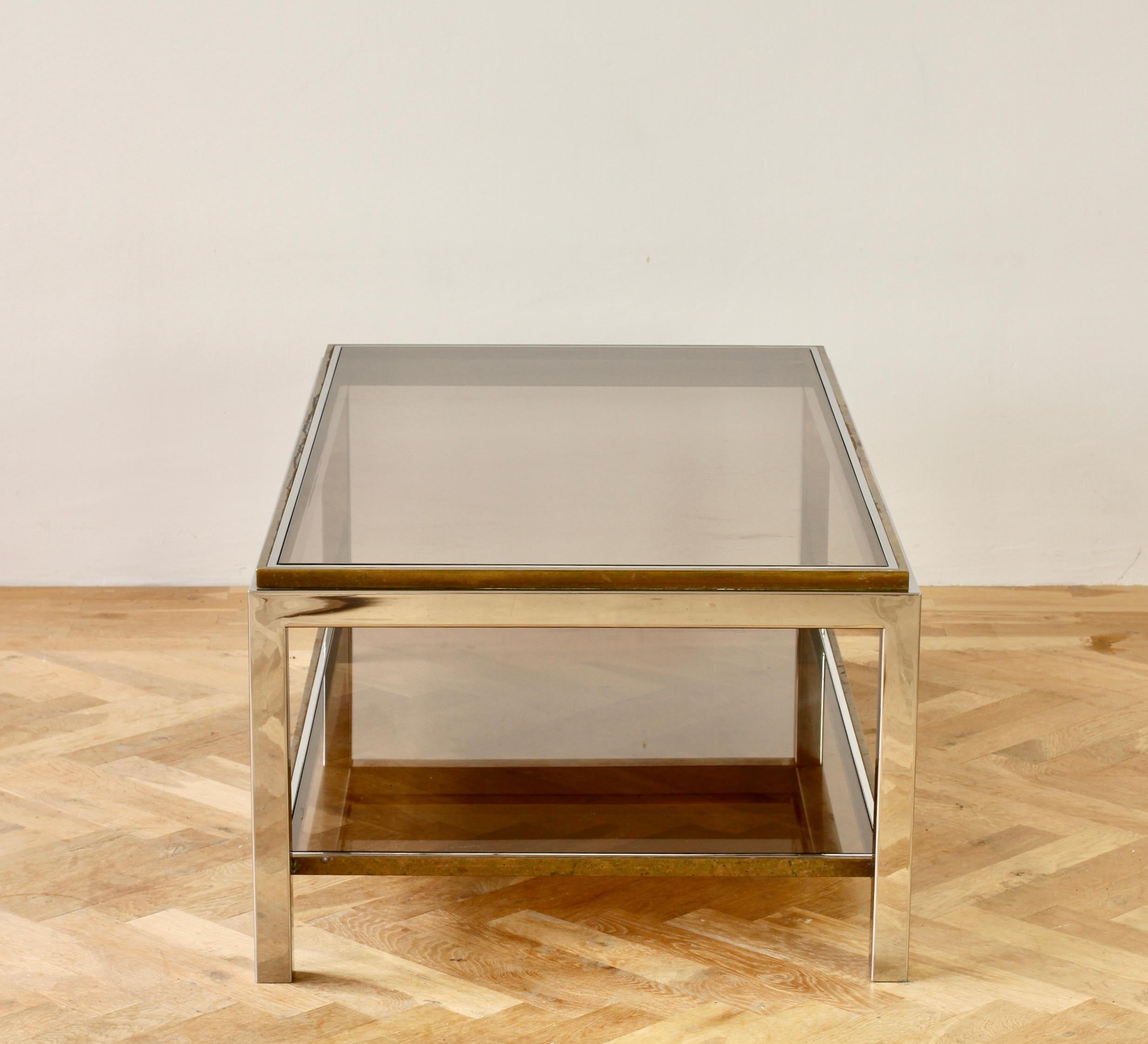 Plated Willy Rizzo Style Mid-Century Brass and Chrome Bicolor Coffee Table, circa 1970s For Sale