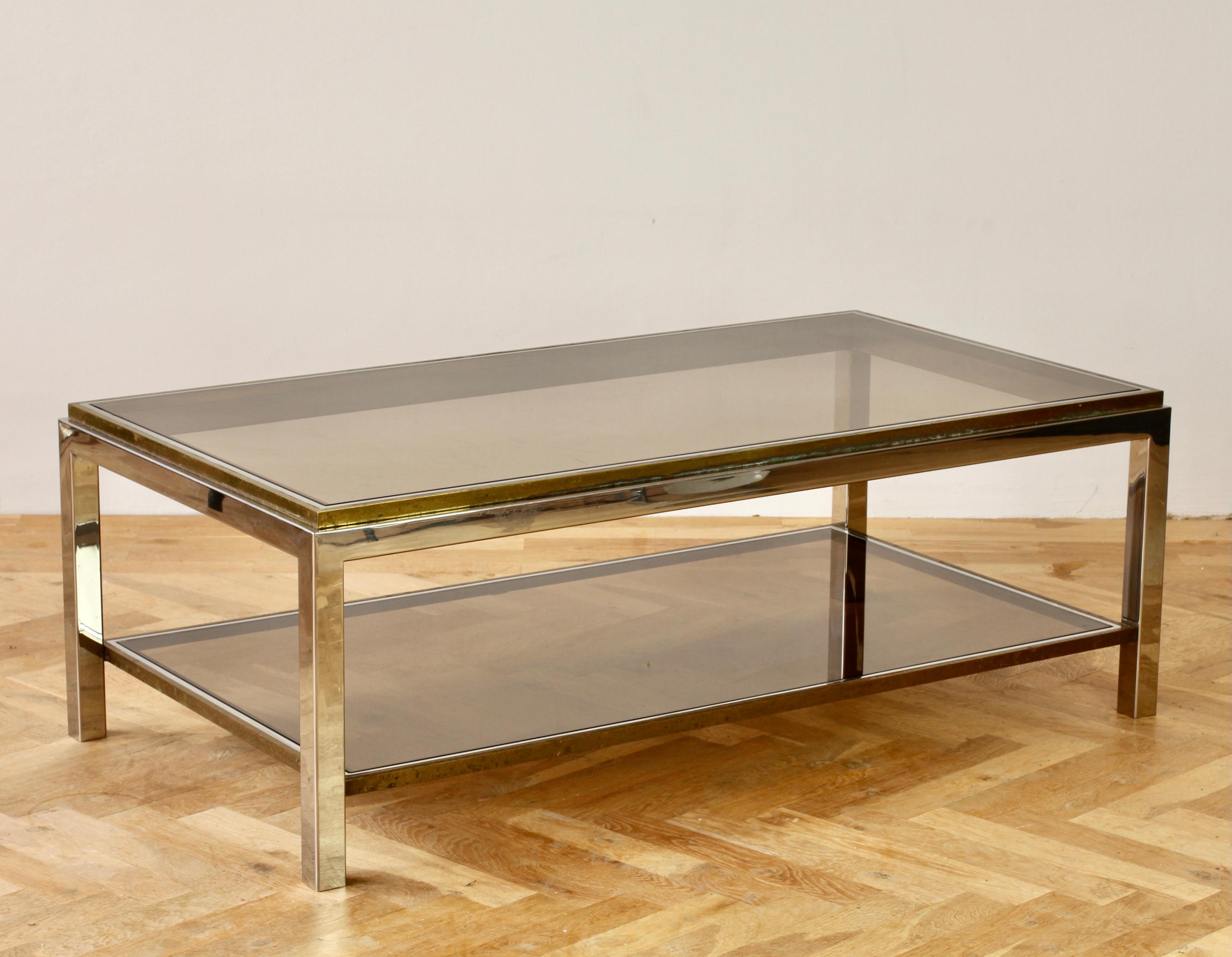 20th Century Willy Rizzo Style Mid-Century Brass and Chrome Bicolor Coffee Table, circa 1970s For Sale