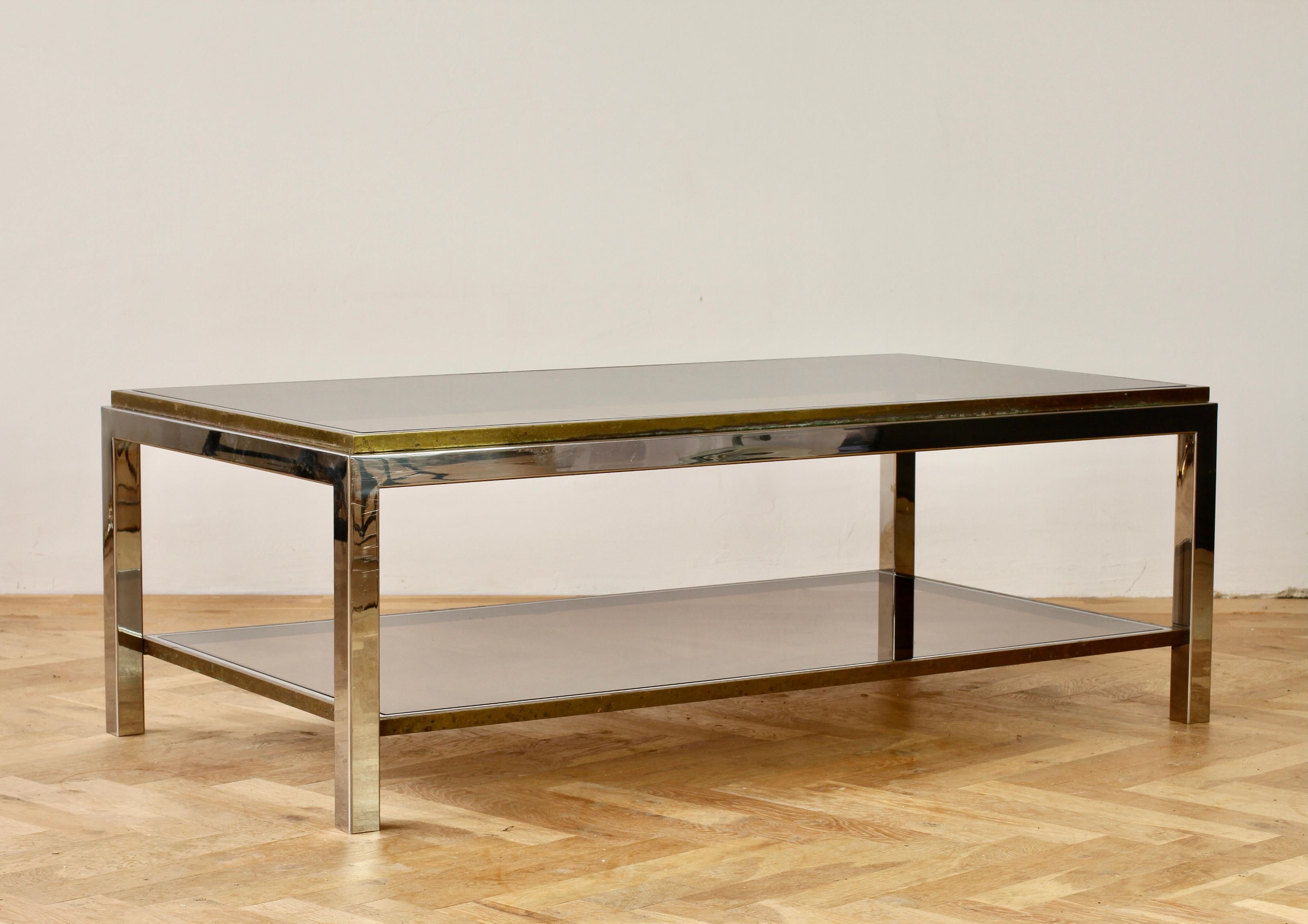 Metal Willy Rizzo Style Mid-Century Brass and Chrome Bicolor Coffee Table, circa 1970s For Sale