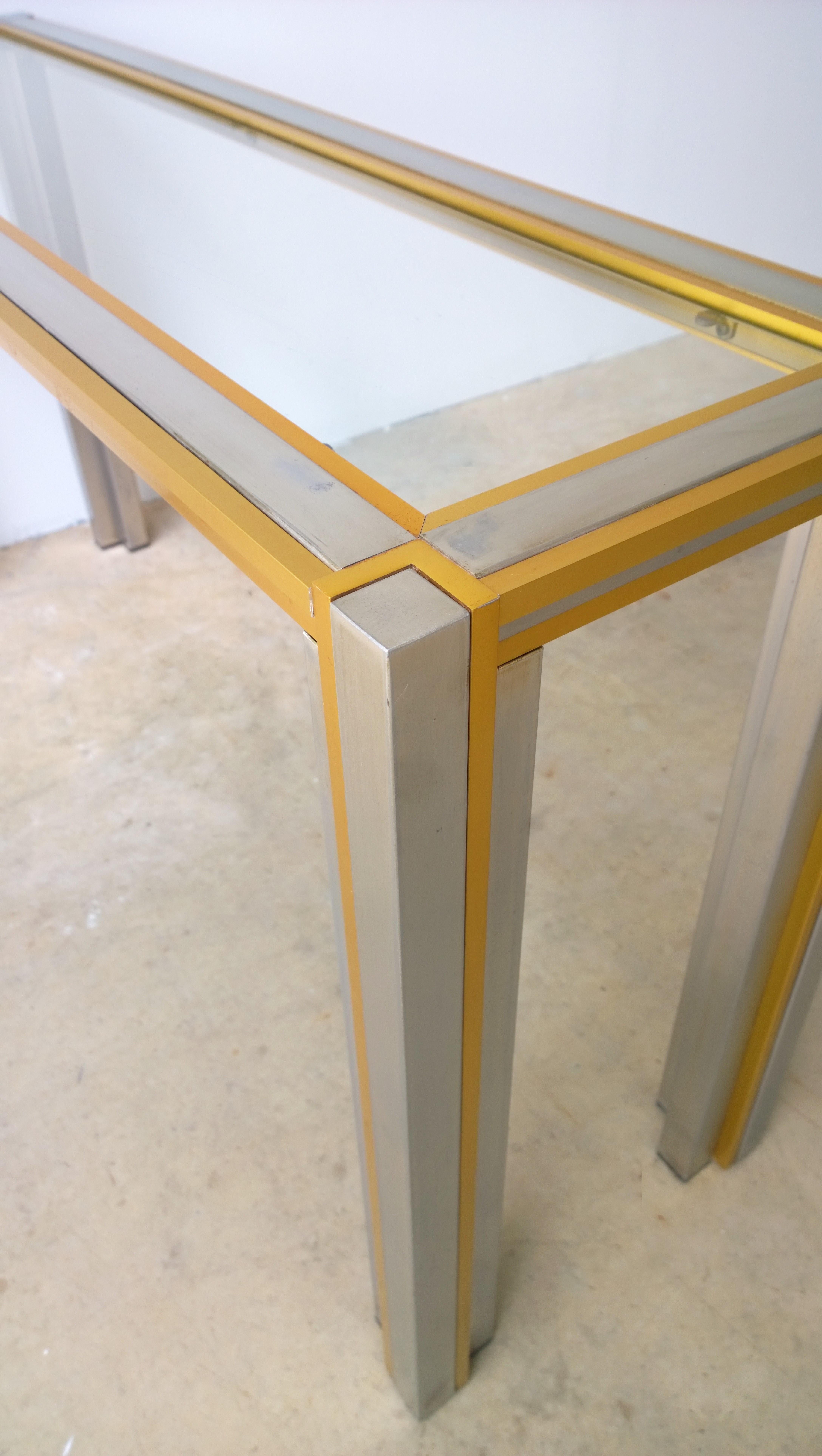 20th Century Willy Rizzo Attrib, Inlaid Glass, Gold Tone Aluminum & Steel Frame Console Table