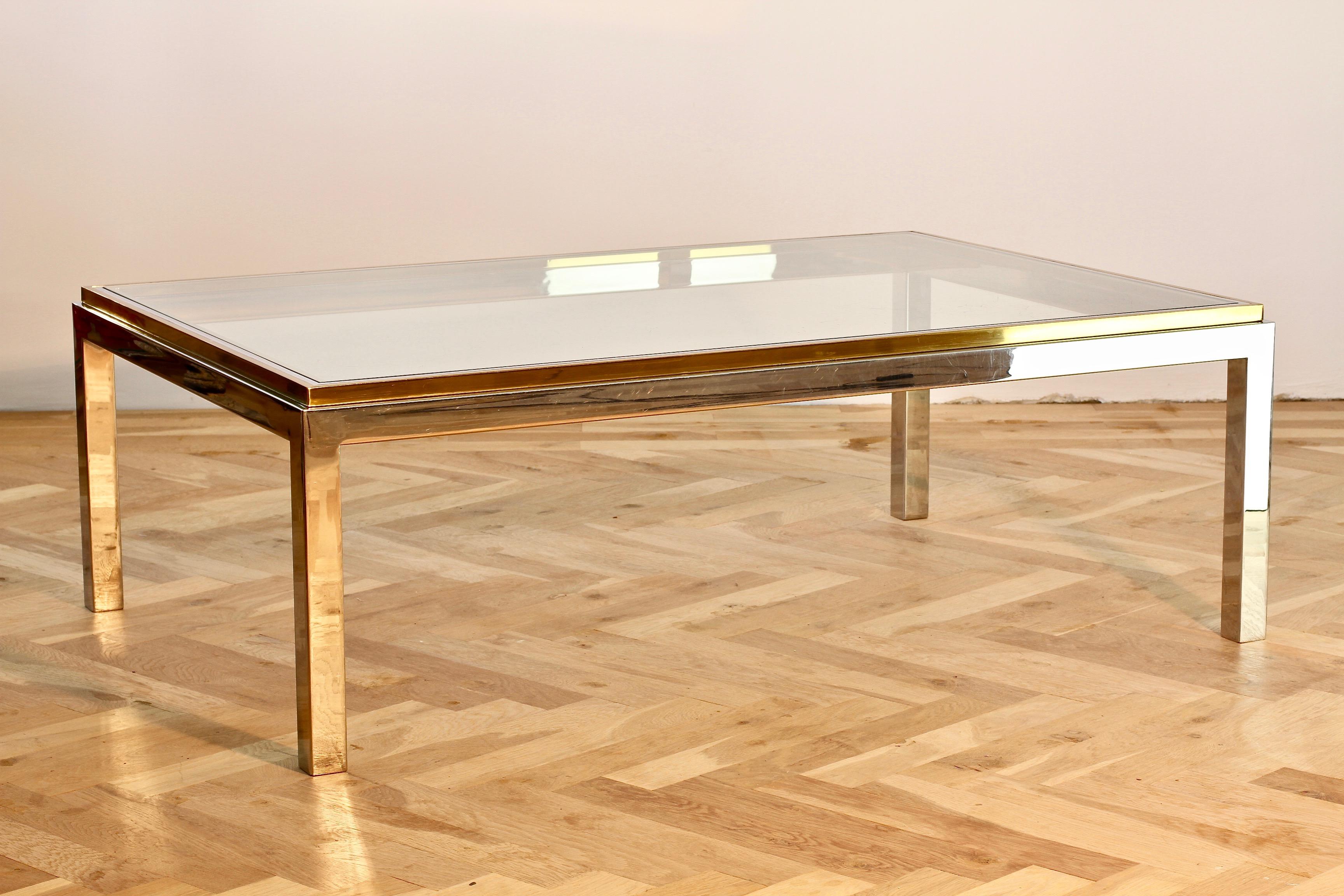 German Willy Rizzo Style Midcentury Brass and Chrome Bicolor Coffee Table, circa 1970s