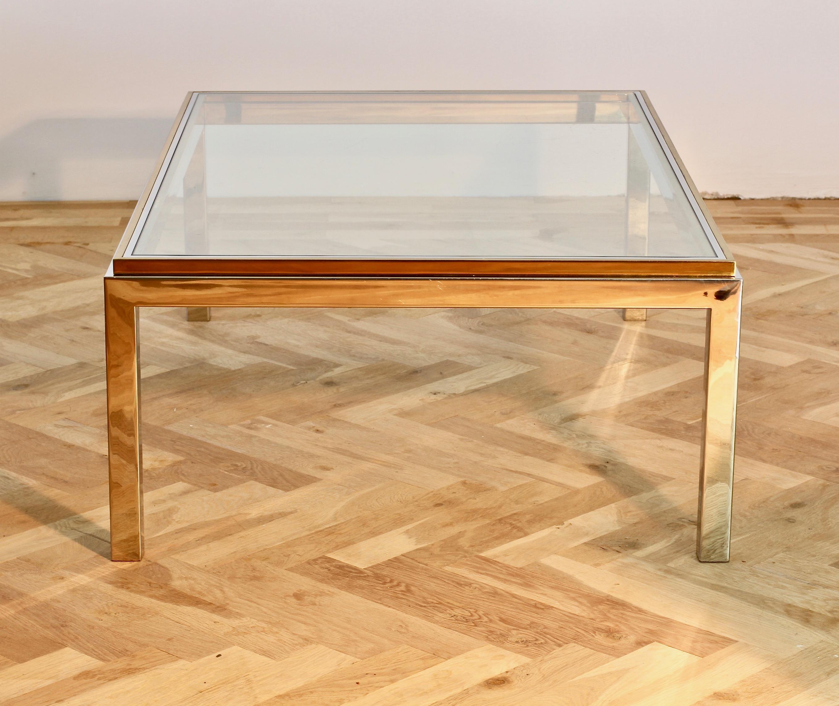 Polished Willy Rizzo Style Midcentury Brass and Chrome Bicolor Coffee Table, circa 1970s