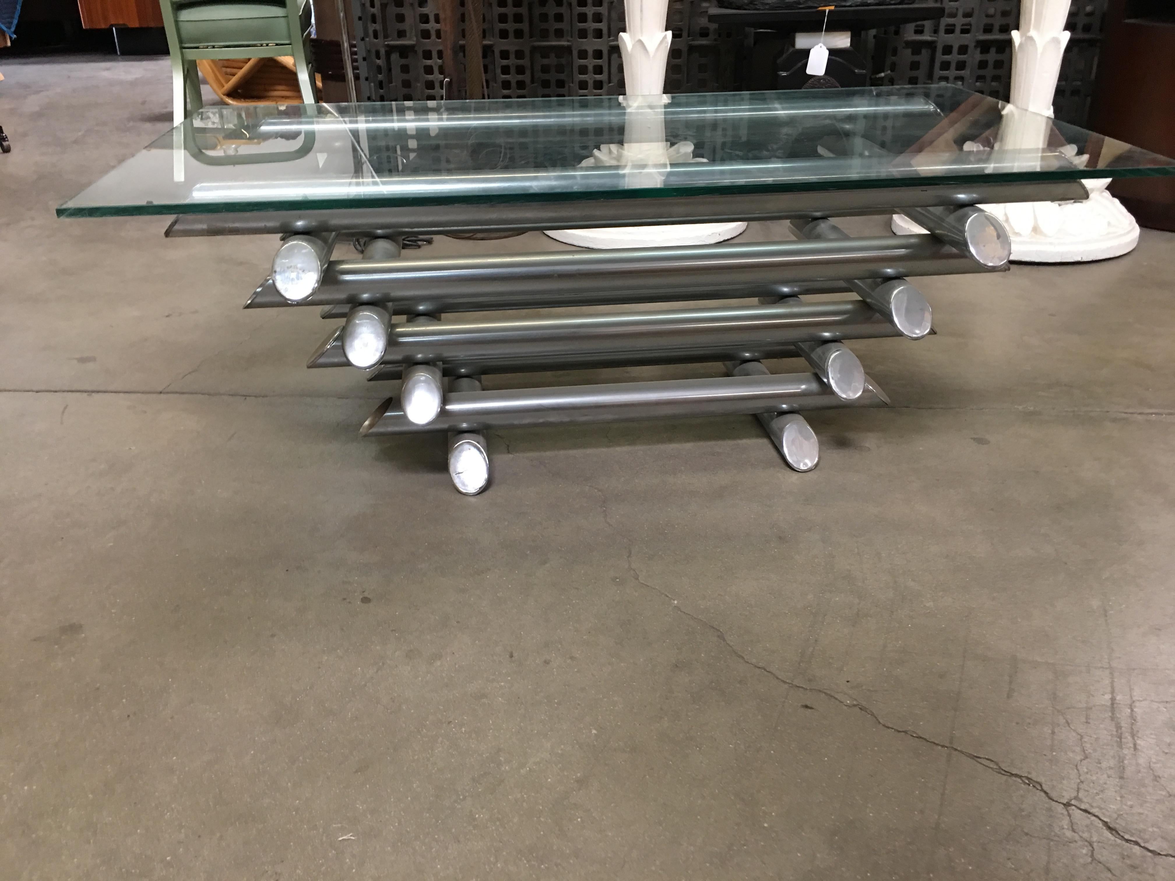 Willy Rizzo Style Modern Chrome Tubular Stacked Cocktail Table, France In Excellent Condition In Van Nuys, CA