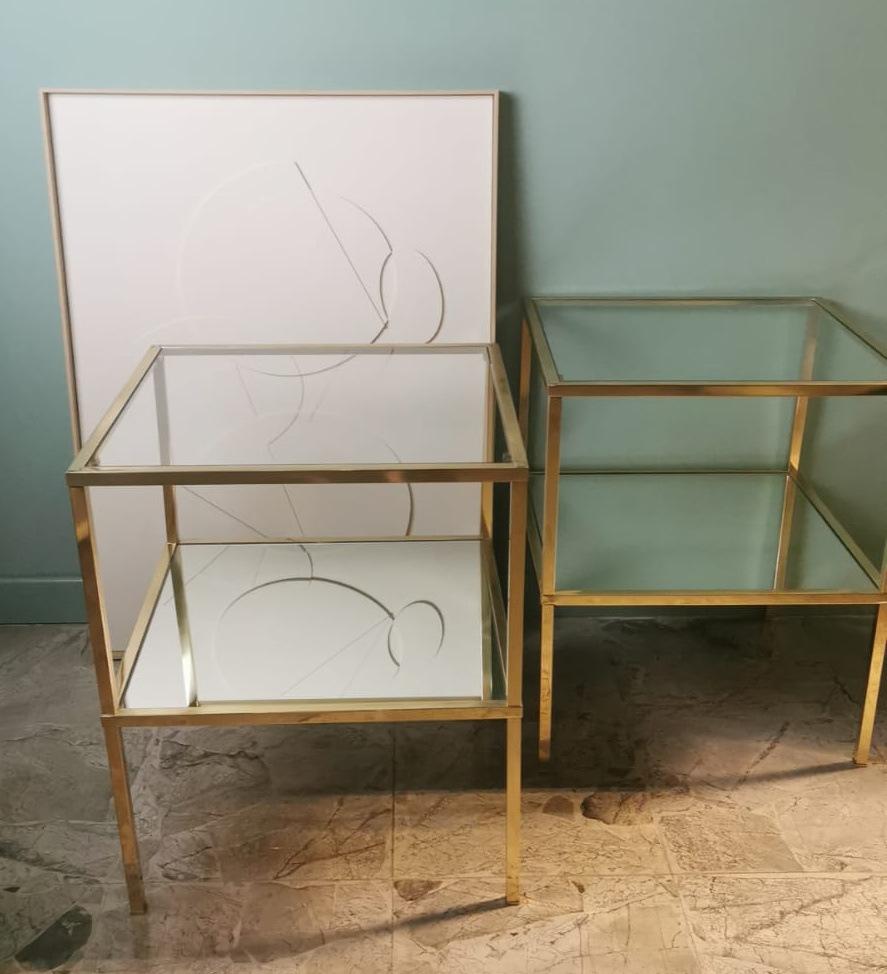 Paar italienische Couchtische aus Messing im italienischen Willy Rizzo-Stil mit Glas- und Spiegelplatten im Angebot 12