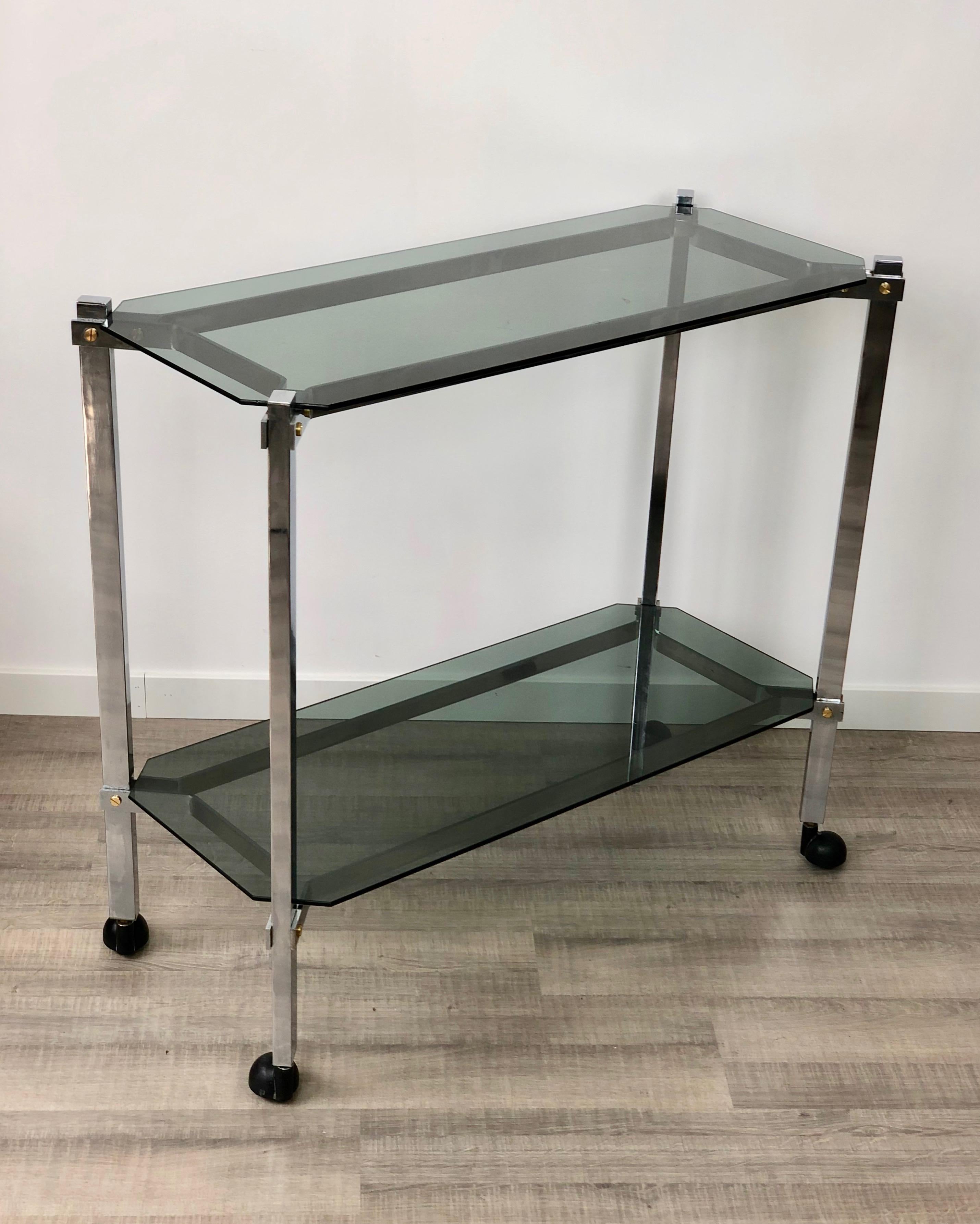 Mid-Century Modern Willy Rizzo style Serving Cart Trolley in Chrome and Smoked Glass, Italy, 1970s For Sale