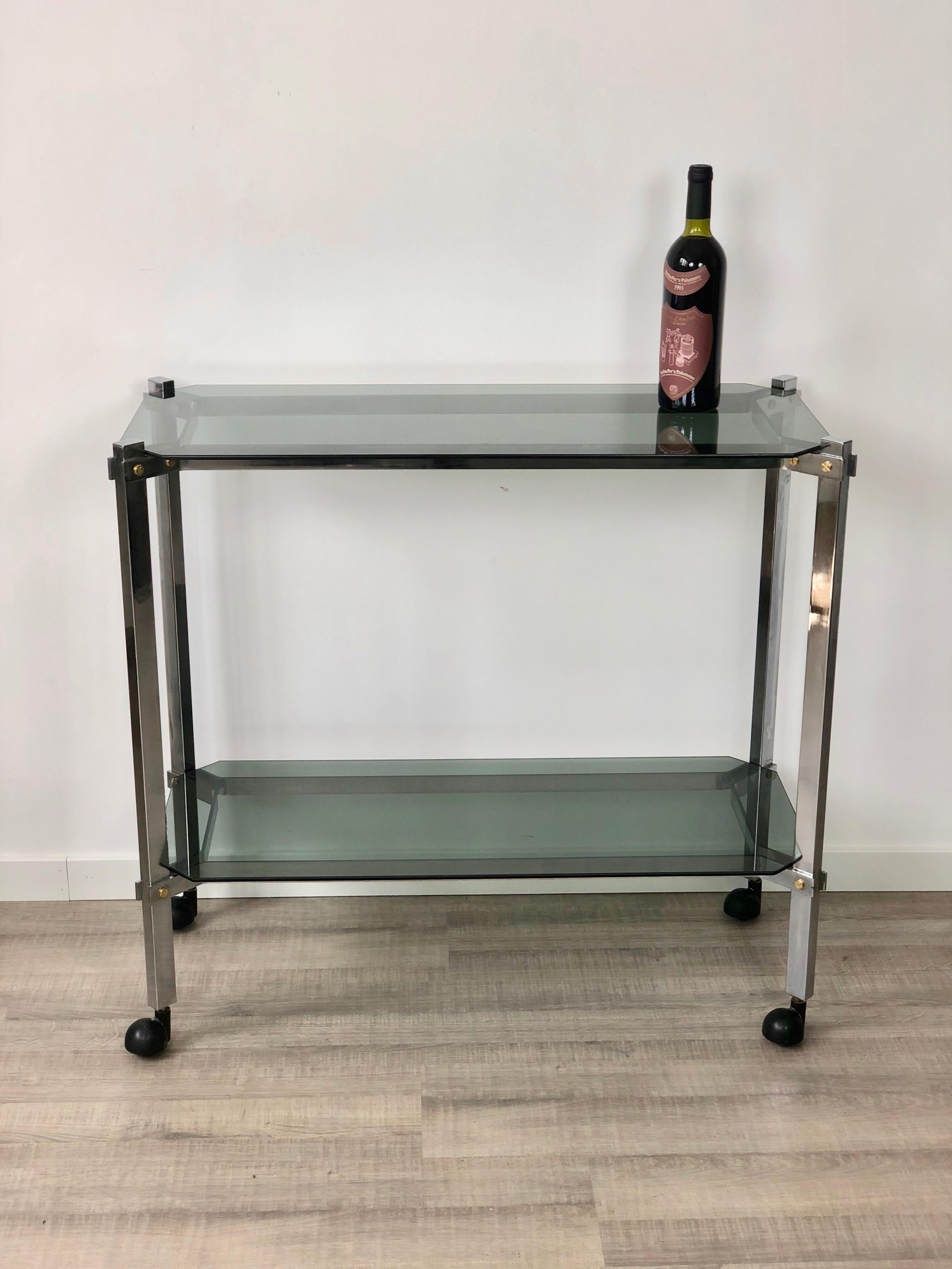 Italian Willy Rizzo style Serving Cart Trolley in Chrome and Smoked Glass, Italy, 1970s For Sale